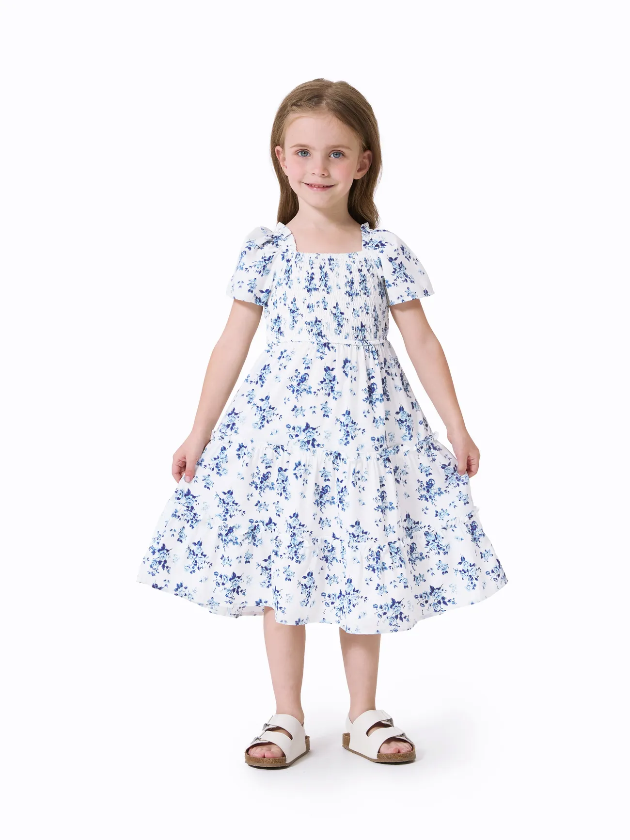 Girl - Family Matching Outfit: Floral Smocking Casual Suit - BLUEWHITE - image 7