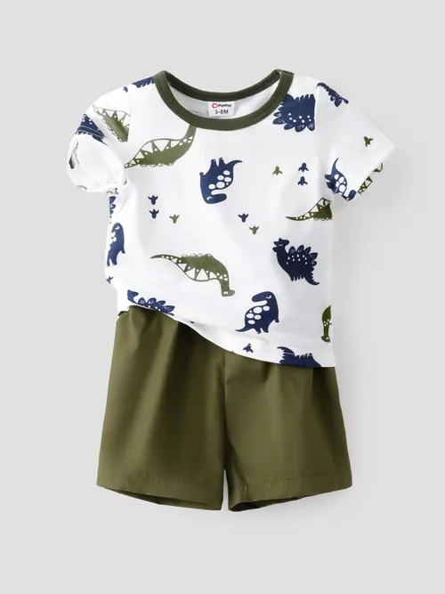 

2pcs Baby Boy All Over Dinosaur Print Short-sleeve Tee and Solid Shorts Set