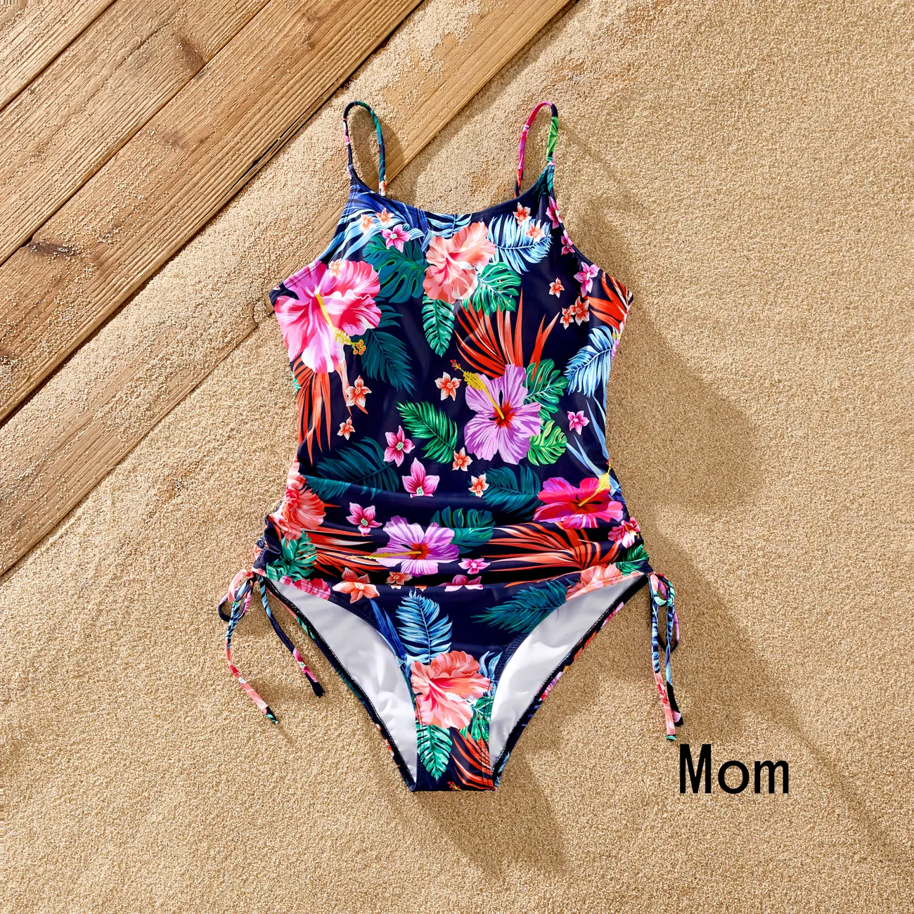 Family Matching Tropical Floral Drawstring Swim Trunks or Ruched Drawstring Side One-Piece Strap Swimsuit