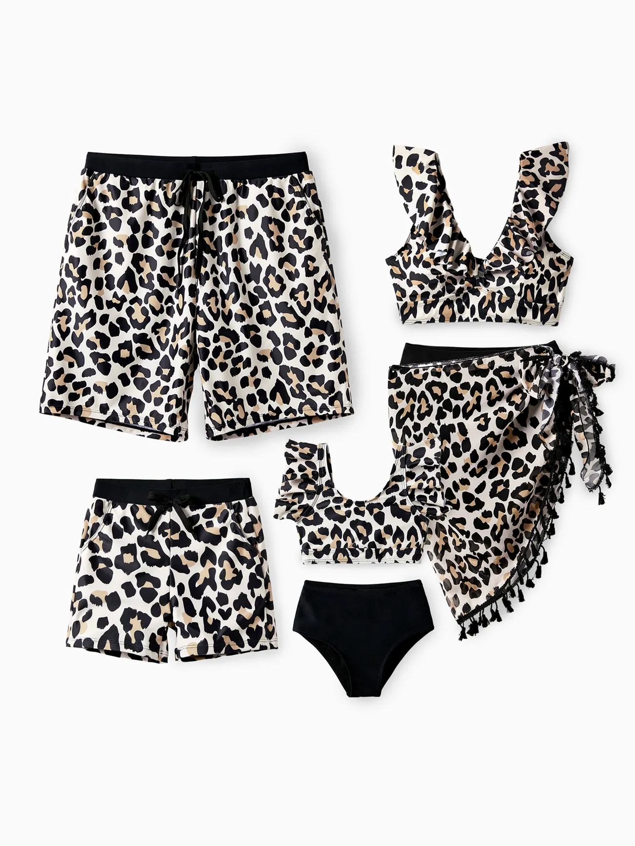 Traje de baño con cordón con estampado de leopardo a juego familiar o bikini de dos piezas con cuello con volantes y falda pareo opcional 