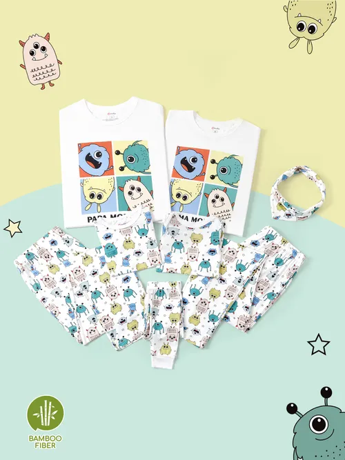 Conjunto de pijama de manga corta con estampado de Little Monster con estampado familiar de viscosa de bambú (tamaño ceñido para niños)