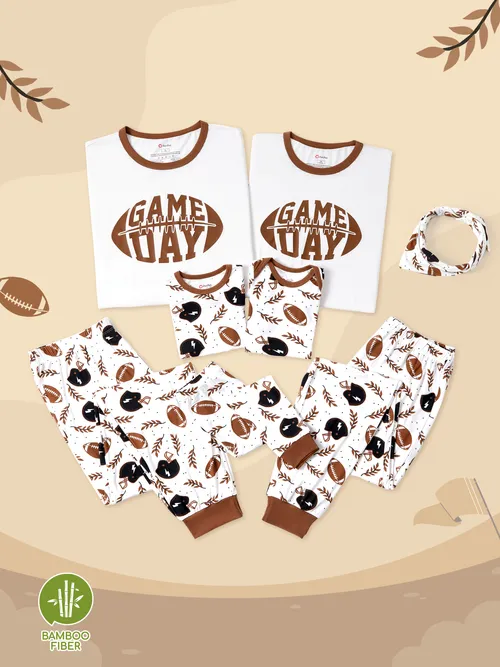 Conjunto de pijama de manga corta de manga corta con estampado de letras y fútbol a juego con viscosa de bambú (ajustado para la talla de los niños)