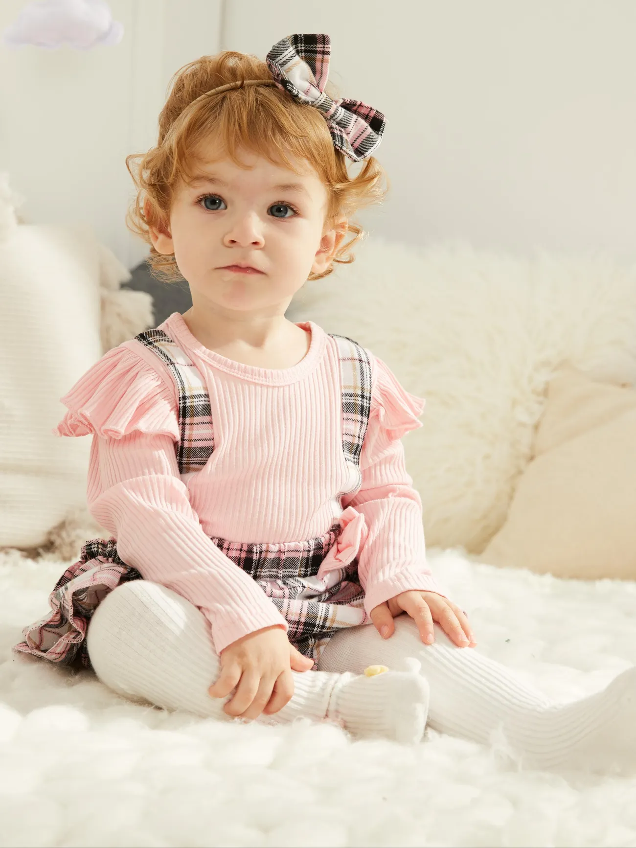 

Baby Girl Sweet Plaid Print Faux-two Romper with Headband