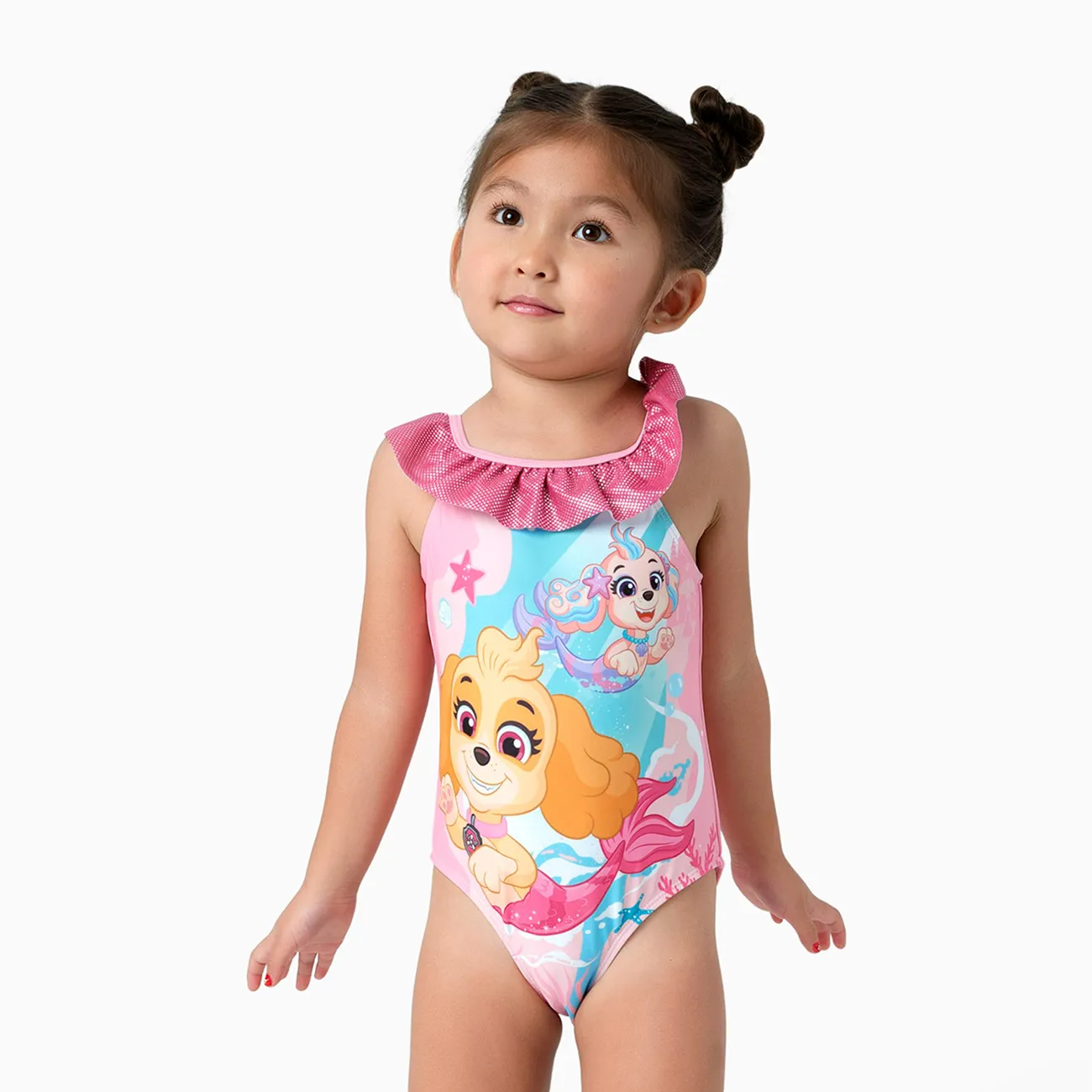 PAW Patrol Toddler Girl 1pc Skye Ocean Pattern Glossy Material Ruffle UPF 50+ Swimsuit