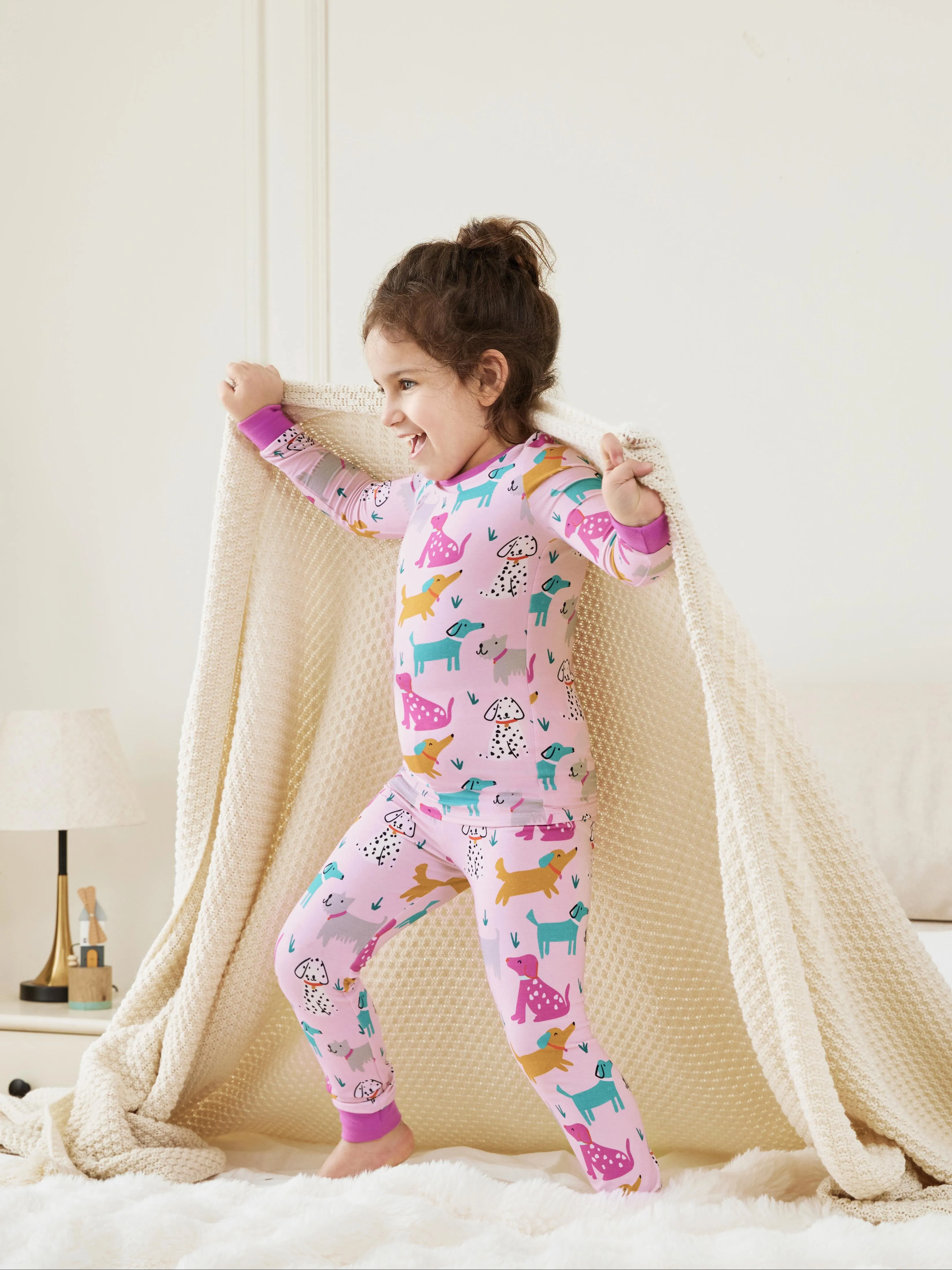 Conjunto de pijama de bambú para bebé/niño pequeño de 2 piezas con estampado animal ajustado para niños Rosa caliente
