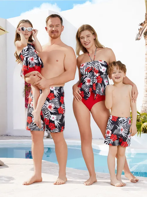 Family Matching Tropical Floral Swim Trunk or  2 Pieces Halter Swimsuit  