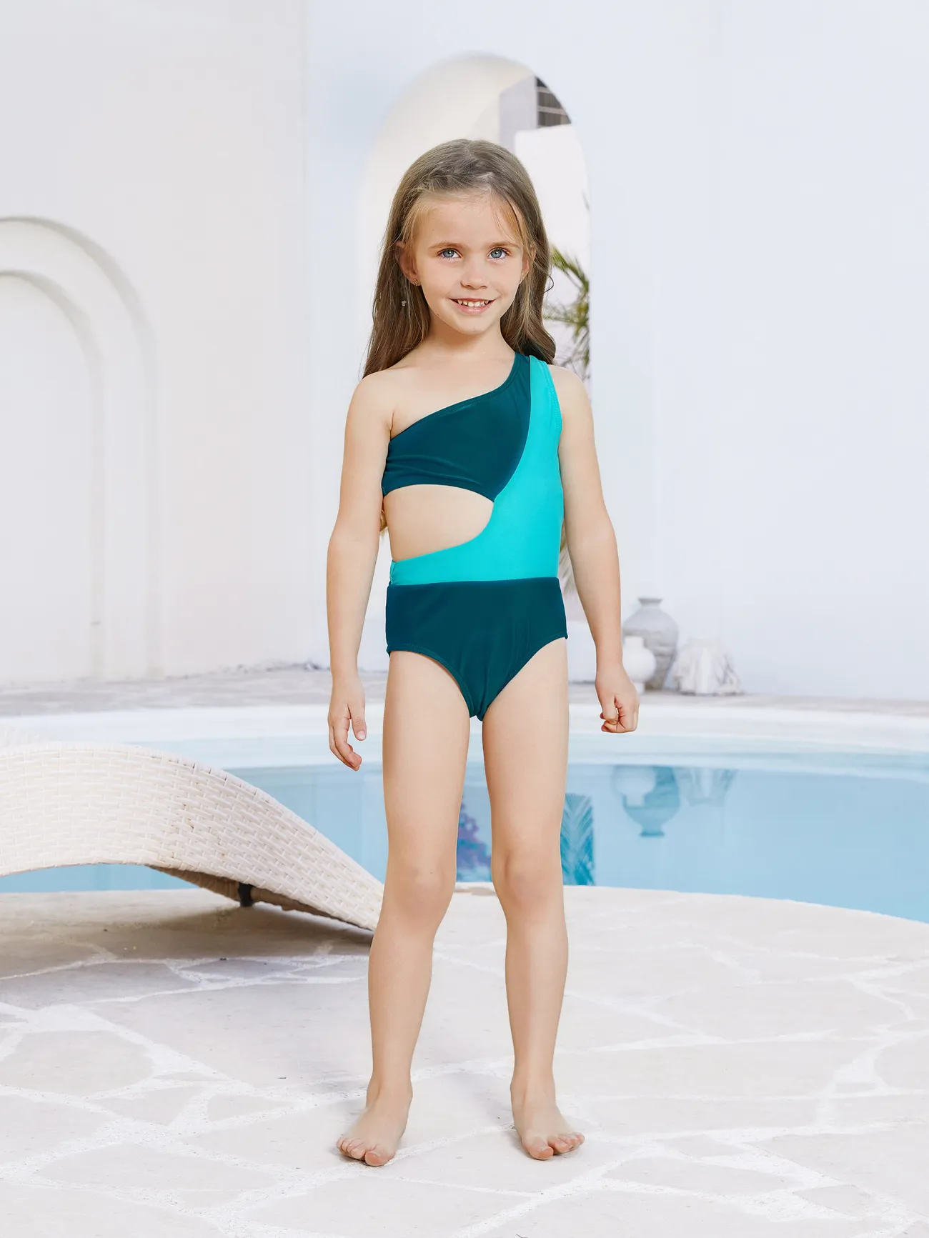 Family Matching Colorblock One Shoulder Cut Out One-piece Swimsuit and Striped Spliced Swim Trunks Shorts