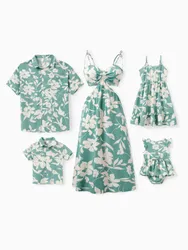 Family Matching Leaf Print Green Short-sleeve Shirt or Sling Shirred Dress Set