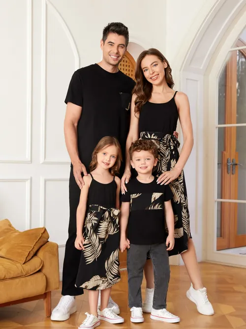 Familienpassende Camisole-Kleider mit Blumendruck und Gürtel und einfarbige Kurzarm-Tops-Sets