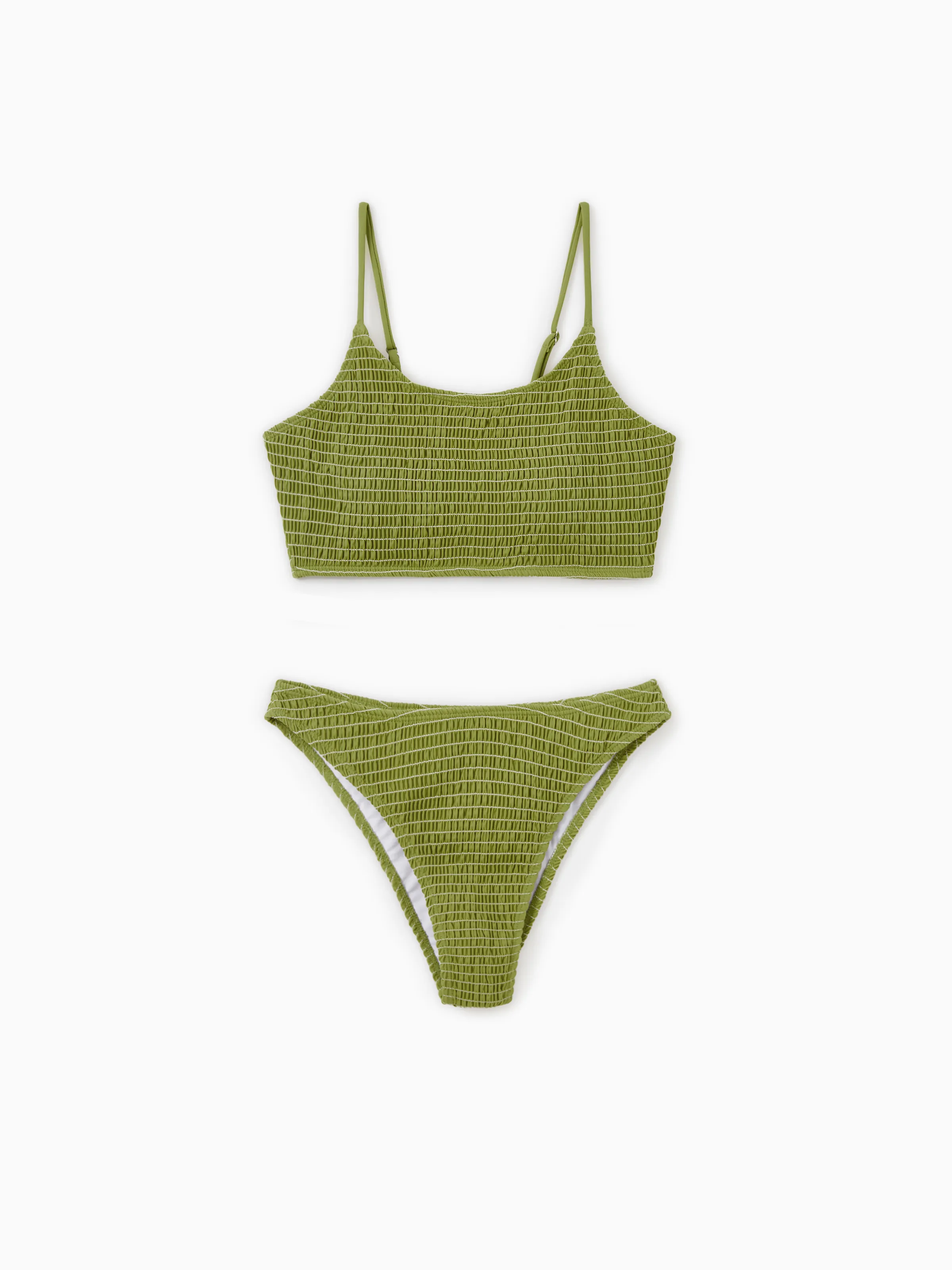 

Family Matching Swimsuits Green & White Color Block Swim Trunks or Textured Ribbed 2-Piece High-Waisted Bikini Summer Beach Swimwear Set