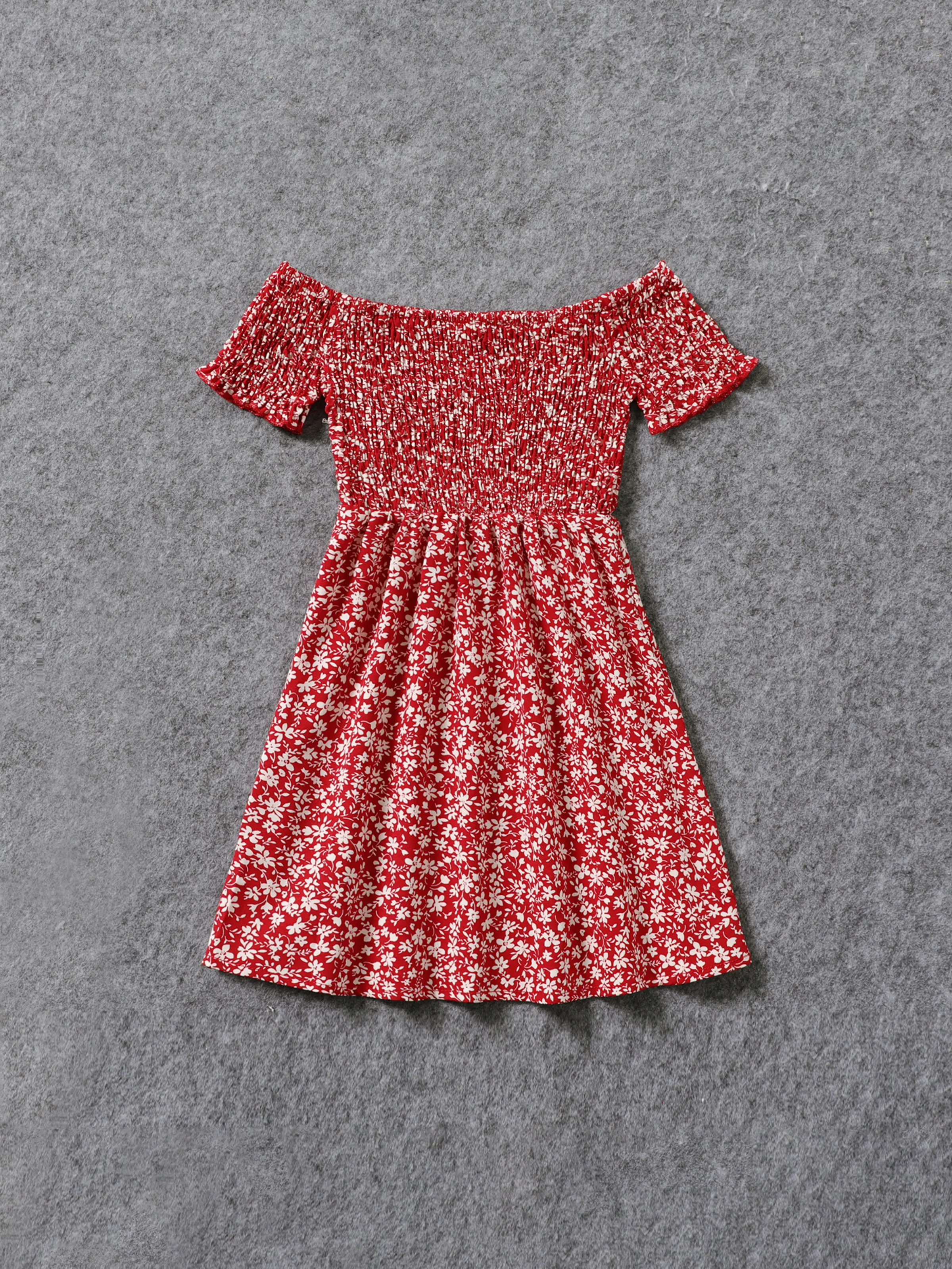 

All Over Red Floral Print Off Shoulder Short-sleeve Shirred Dress for Mom and Me