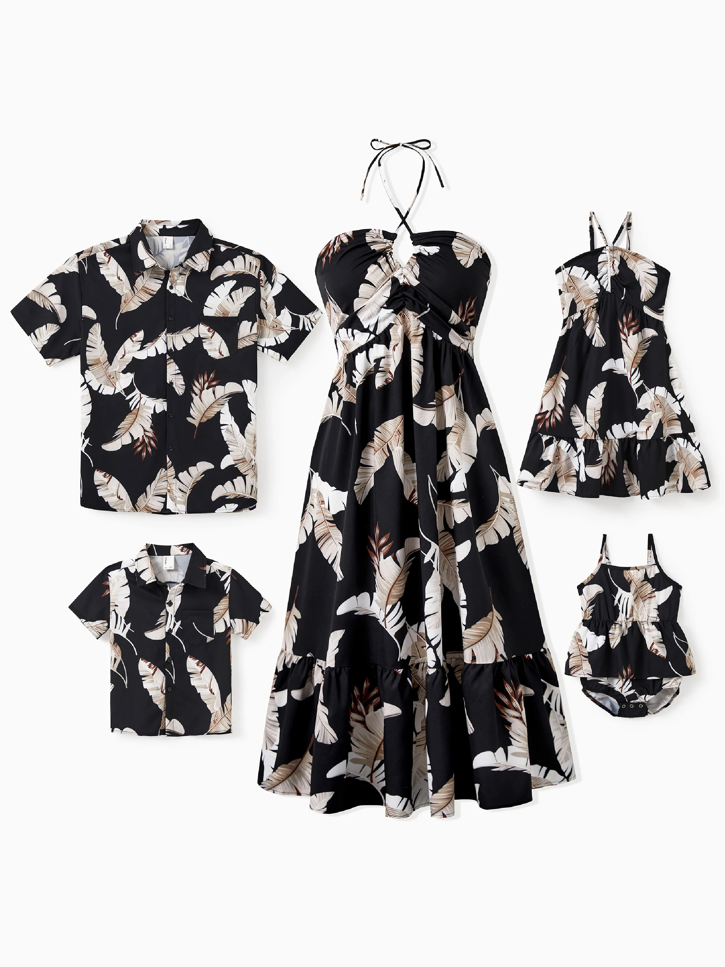 

Family Matching Set Leaf Print Black Short-sleeve Shirt or Sleeveless Halter Dress