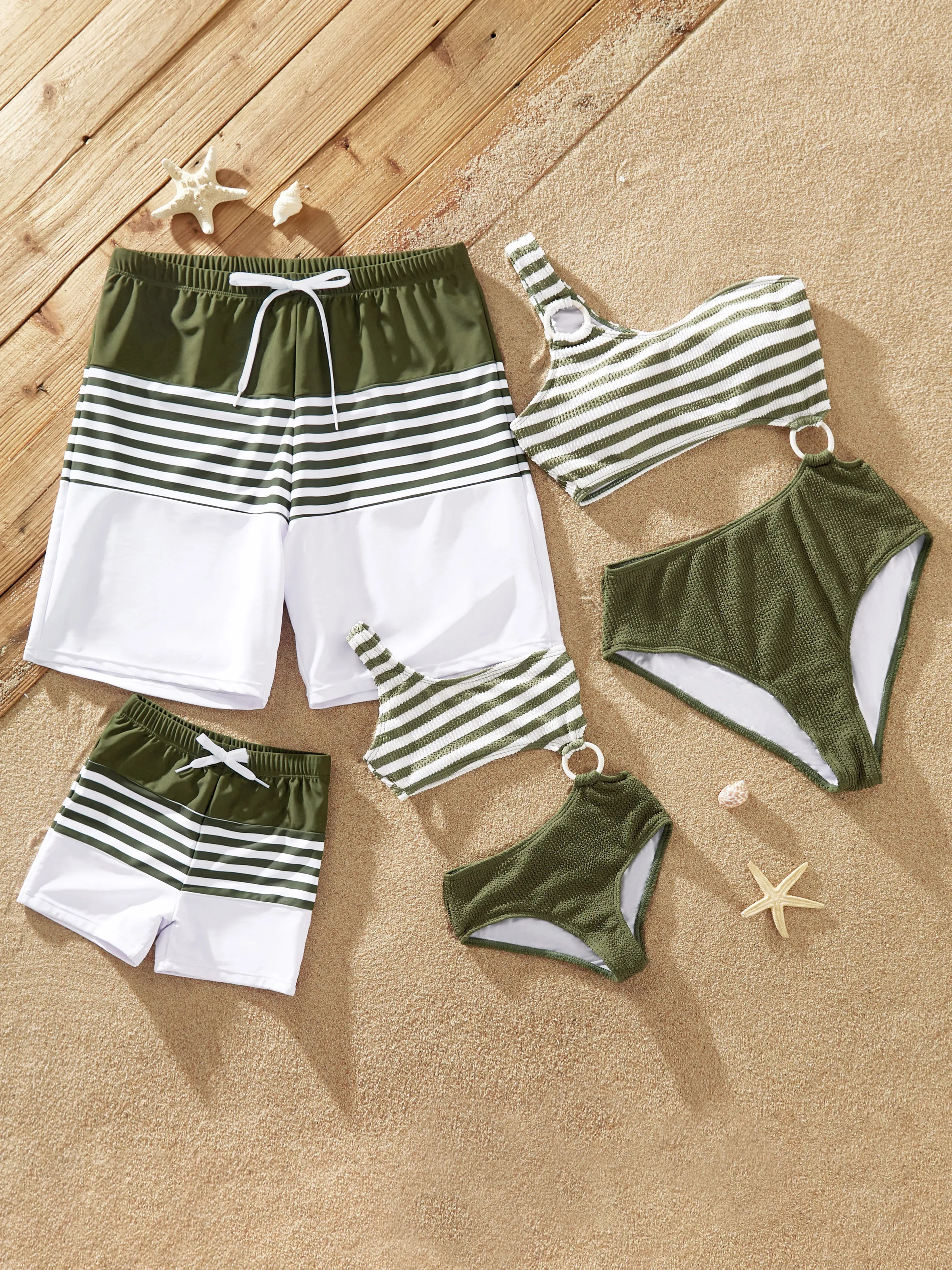 Family Matching Colorblock Stripe Swim Trunks or One Piece One Shoulder Swimsuit
