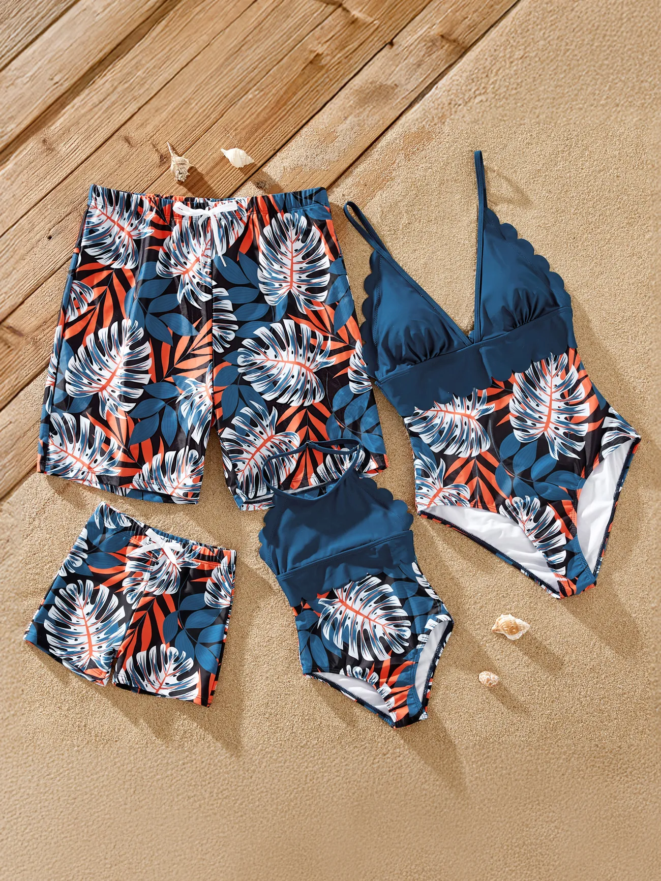 Matching Family Swimsuits One-piece with Palm Leaf Print - Blue - image 1