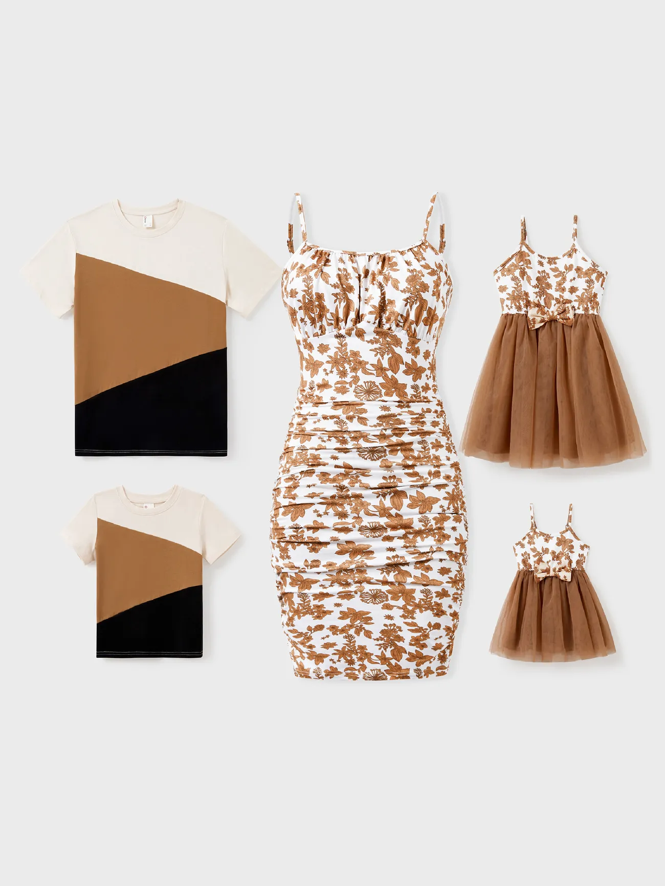Family Matching Colorblock Cotton Tee or Flora Print Strap Body-con Dress or Mesh Splicing Dress - Khaki - image 1