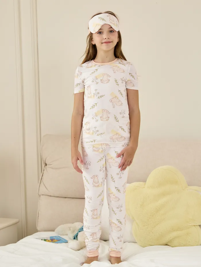 Bamboo Viscose Kid Girl 3pcs Printed Snug-Fitting Pajamas with Eye Mask Set