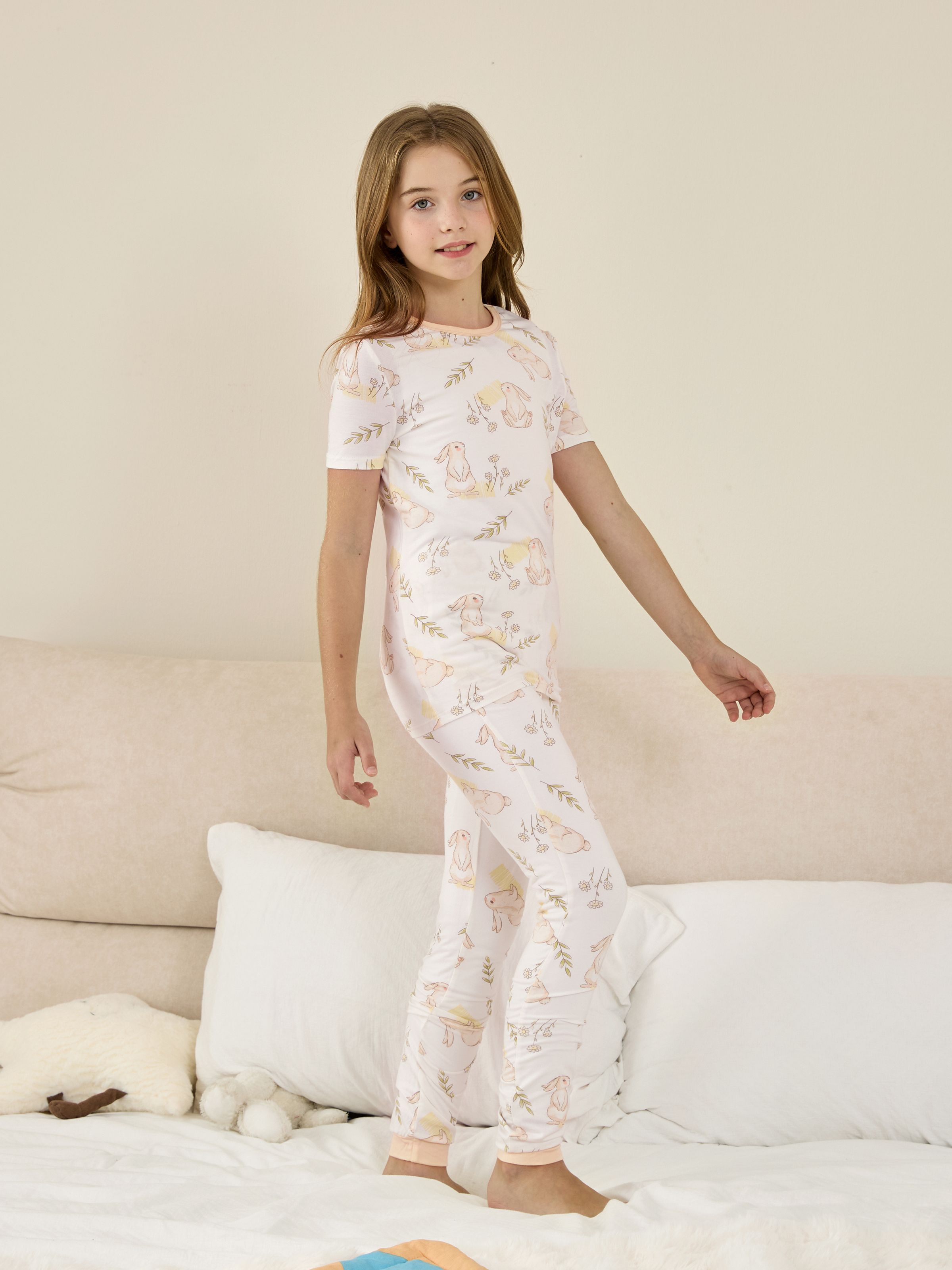 Girls Bamboo Summer Pajamas Offwhite (3pcs Printed Snug