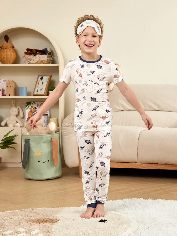 Bamboo Viscose Kid Boy 3pcs Printed Snug-Fitting Pajamas with Eye Mask Set