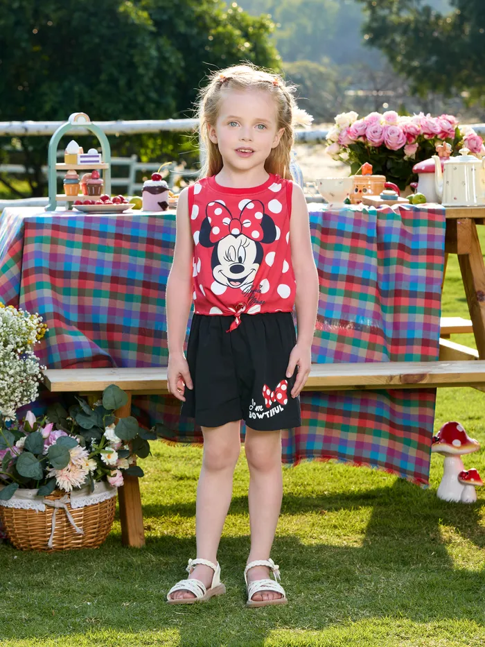 Disney Mickey and Friends Niño Pequeño / Niña 2pcs Naia™ Minnie Mouse Lunares Camiseta Sin Mangas Anudada Y Conjunto De Pantalones Cortos De Algodón