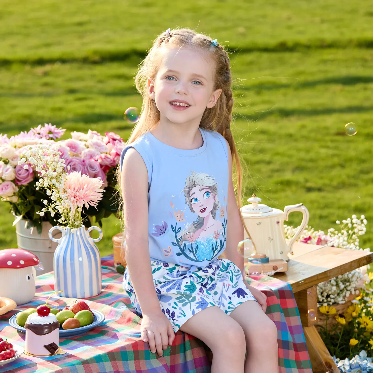 Disney Frozen Toddler Girl 2pcs Cotton Elsa Pattern Knotted Tank Top And Floral Print Shorts Set