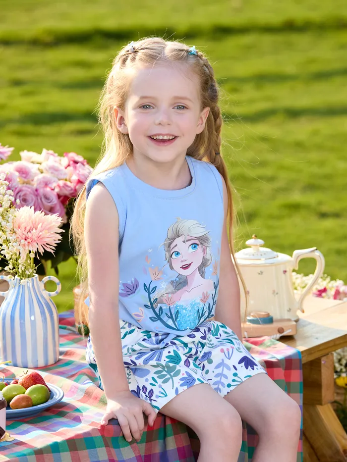 Disney Frozen Toddler Girl 2pcs Algodón Elsa Patrón Camiseta Sin Mangas Anudada Y Conjunto De Pantalones Cortos Con Estampado Floral