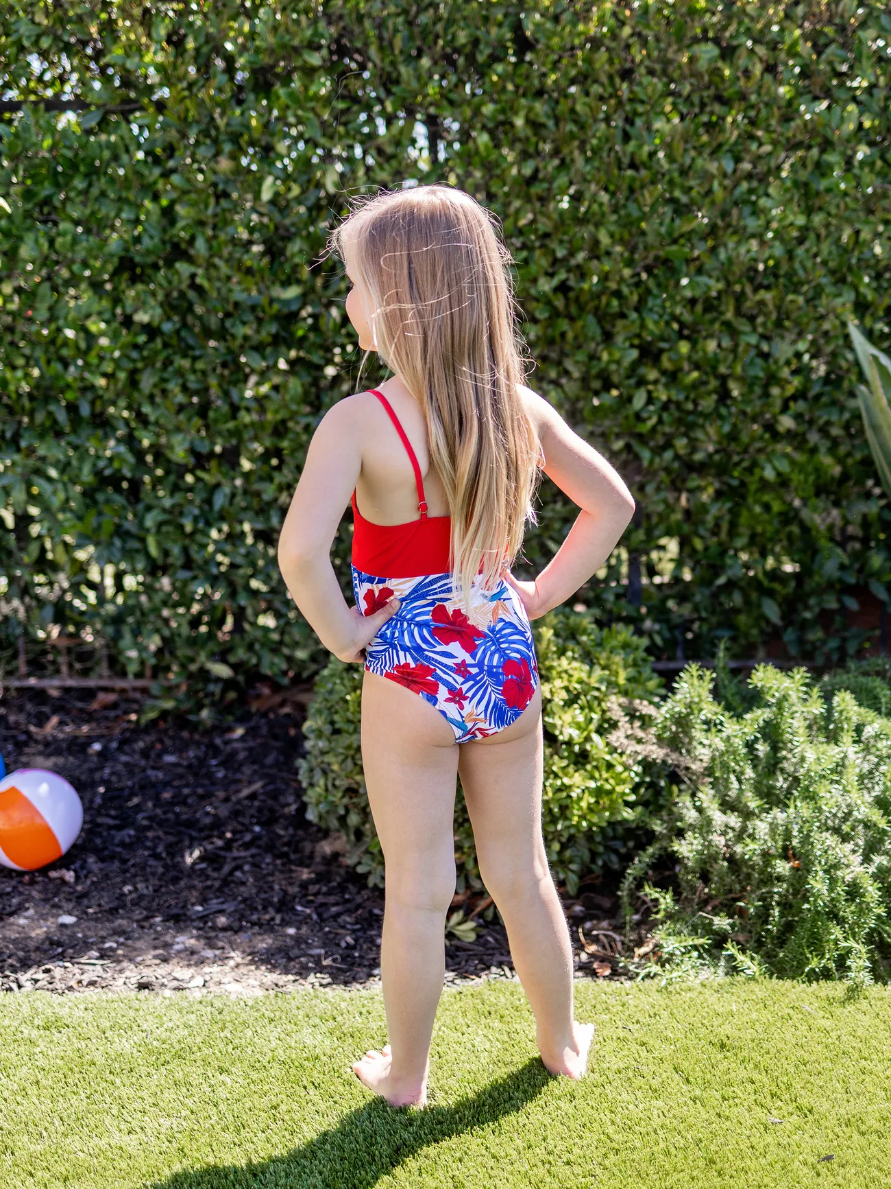 Girl - Family Matching Allover Plant Print Swim Trunks or Scallop Trim One-piece Halter Backless Swimsuit - Color block - image 8