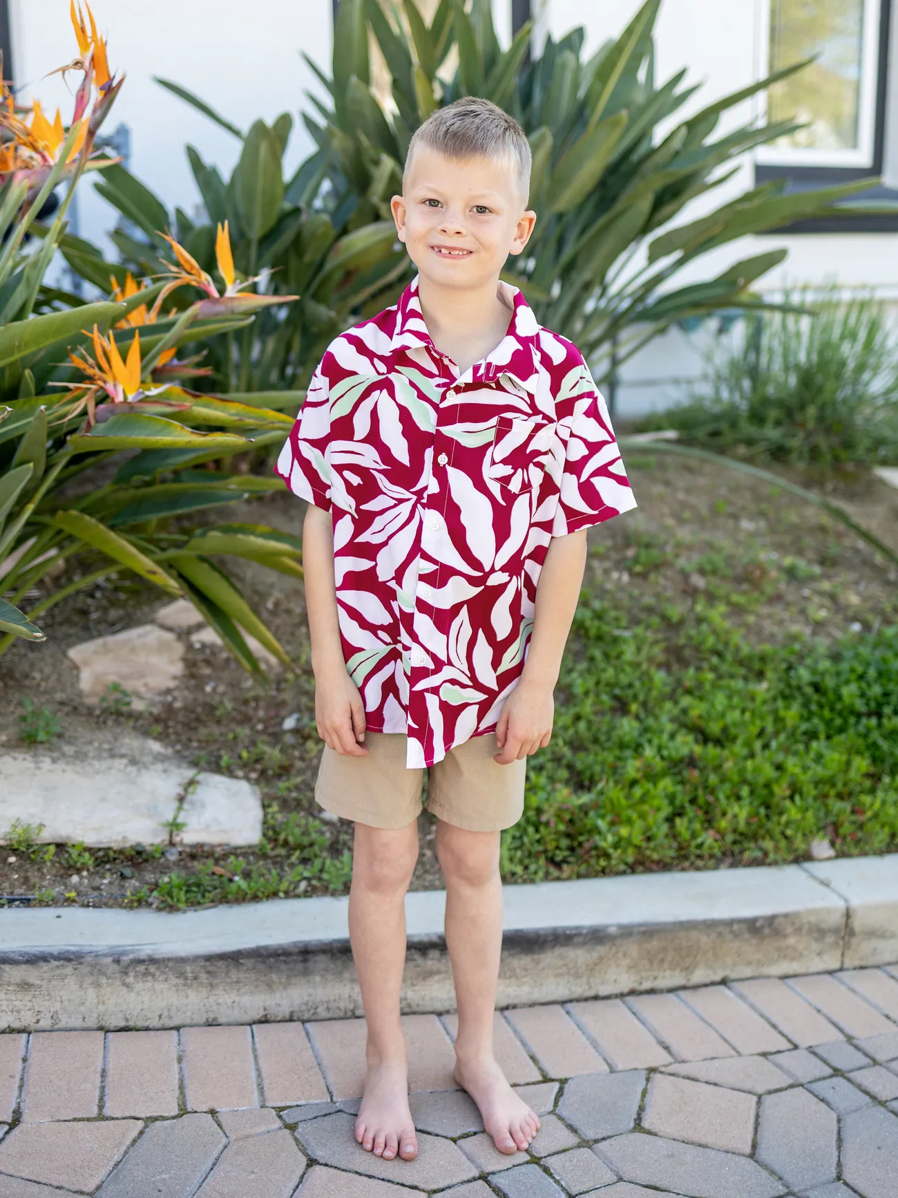 Boy - Family Matching Leaf Print Red Shirt or Halter Backless Dress - Multi-color - image 17