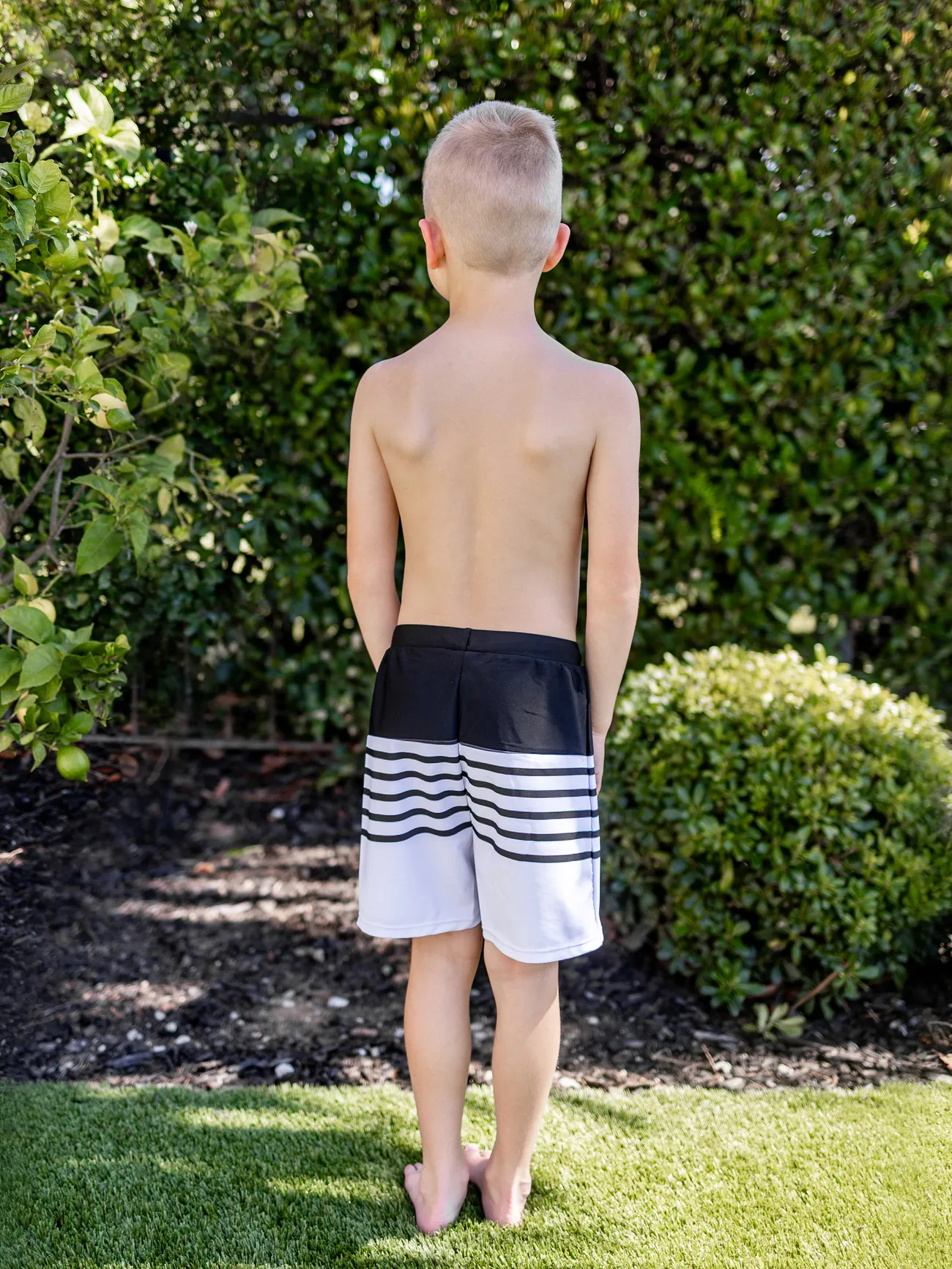 Boy - Black Family Matching Swimwear 2-piece Strap Off Shoulder Swimsuit and Stripe Swim Trunks - Black - image 13