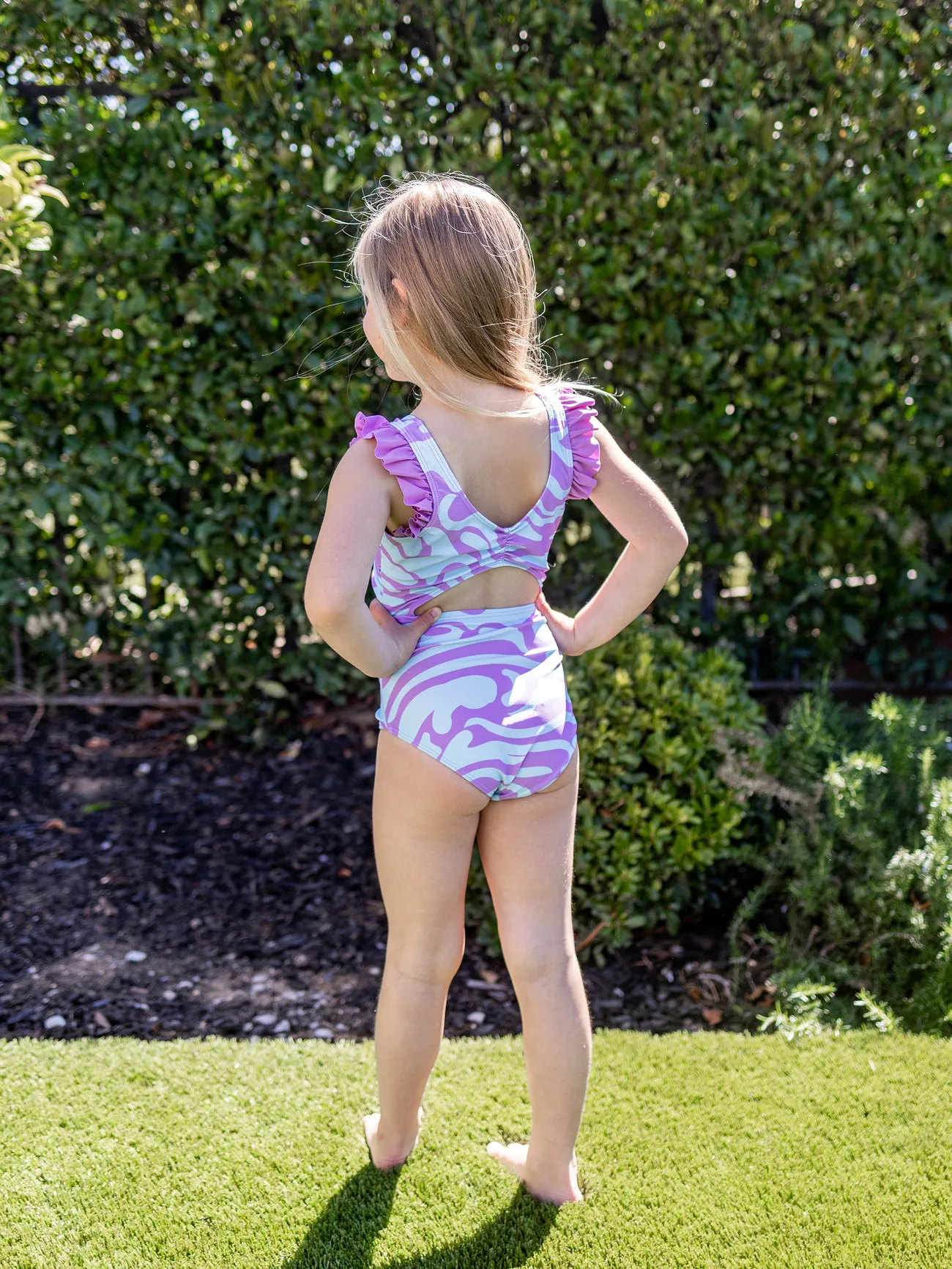 Girl - Purple Matching Swimsuits for Couple and Family - Wave Swim Trunks or One-Piece Swimsuit Midriff Cutout - Purple - image 8