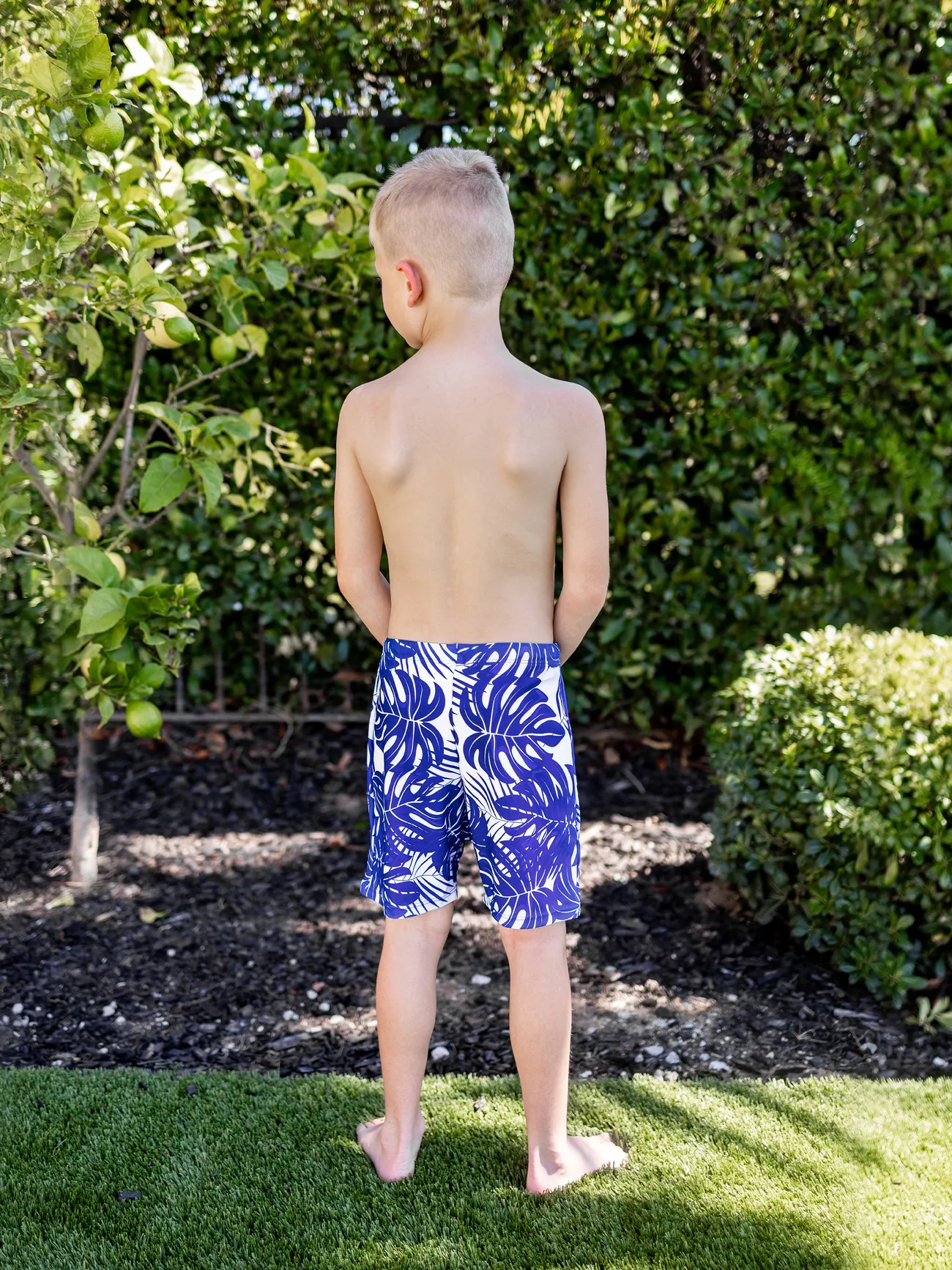 Boy - Blue Family Matching Swimsuits (One-piece Monokini and Swim Trunks) with Tropical Leaf Print - Blue - image 13