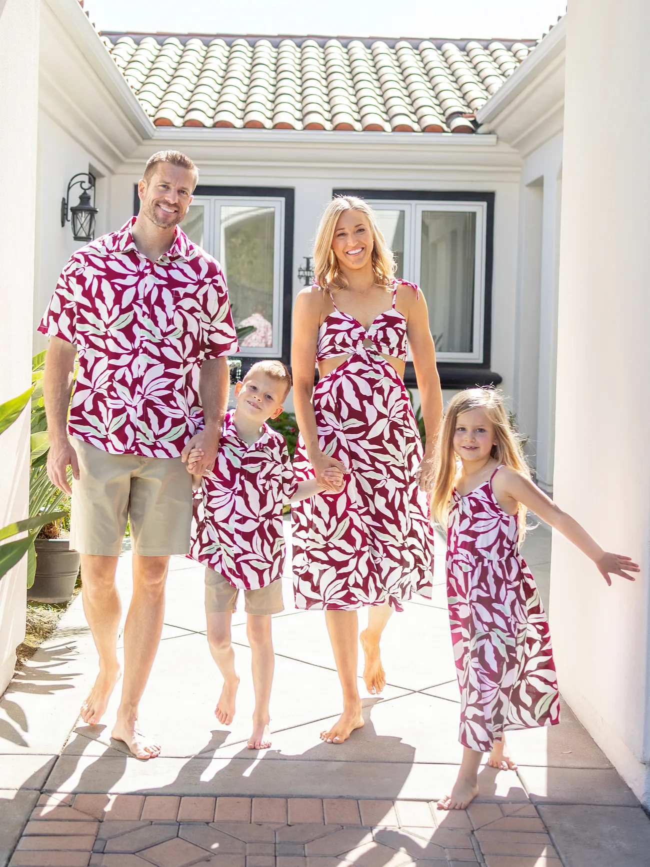 Family Matching Leaf Print Red Shirt or Halter Backless Dress - Multi-color - image 1