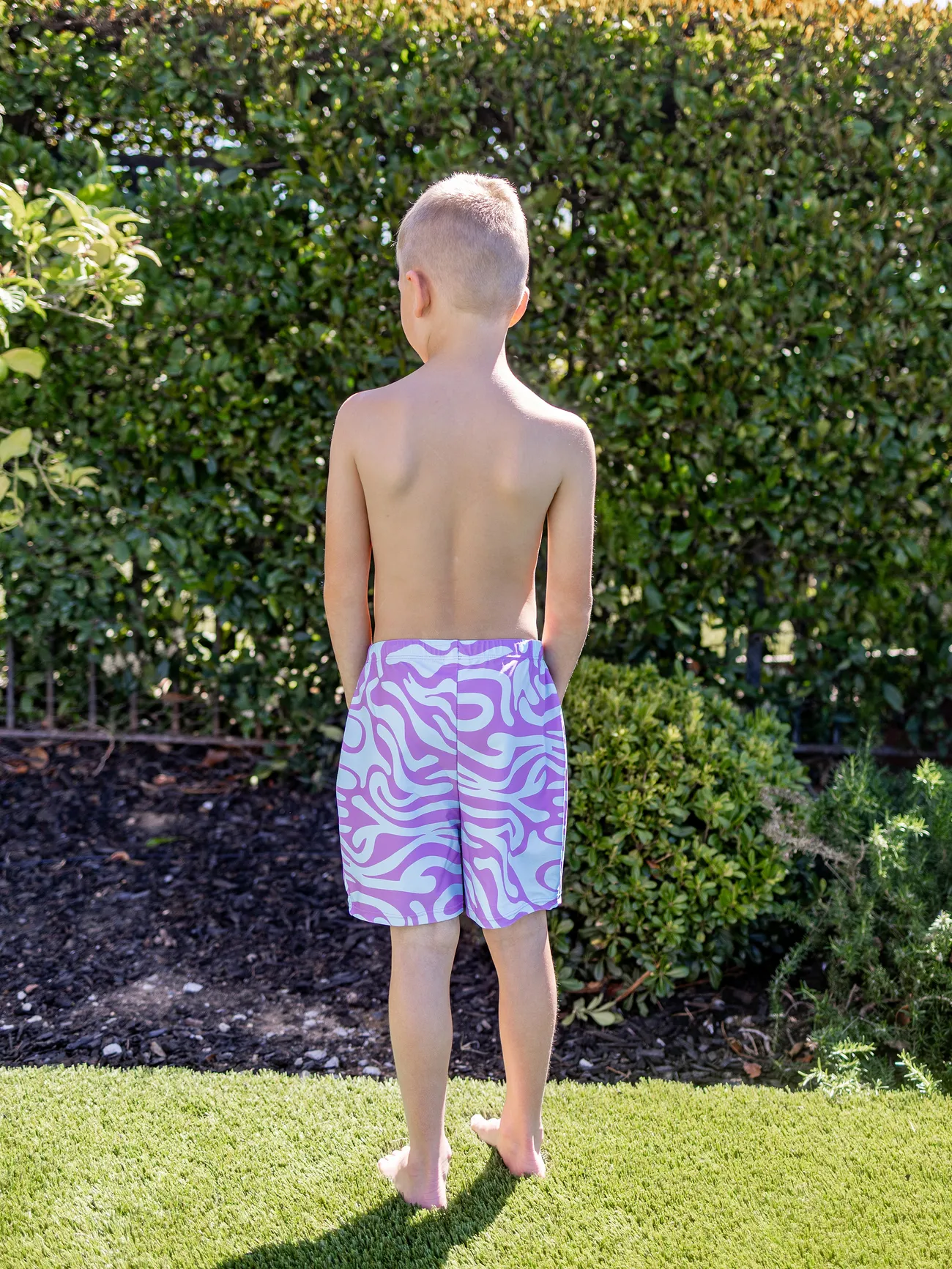 Boy - Purple Matching Swimsuits for Couple and Family - Wave Swim Trunks or One-Piece Swimsuit Midriff Cutout - Purple - image 13