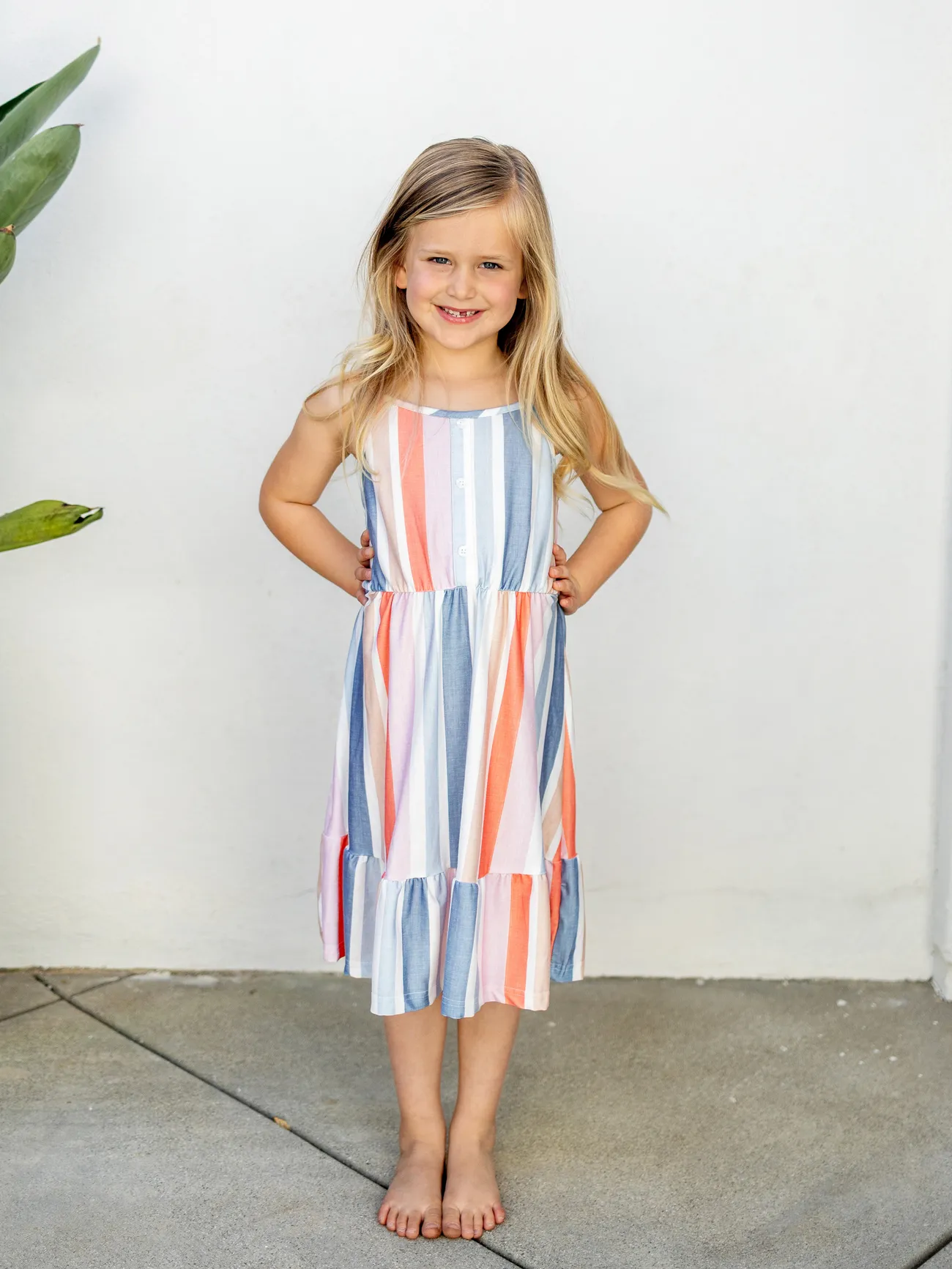 Girl - Matching Family Outfits - Blue Short-sleeve Tee or Colorful Stripe Camisole Dress for Cruise/Resort/Casual - Multi-color - image 7