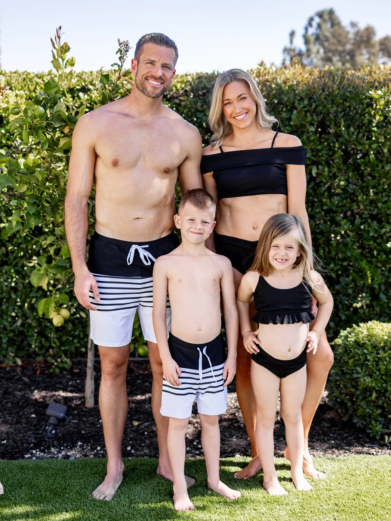 Black Family Matching Swimwear 2-piece Strap Off Shoulder Swimsuit and Stripe Swim Trunks - Black - image 1