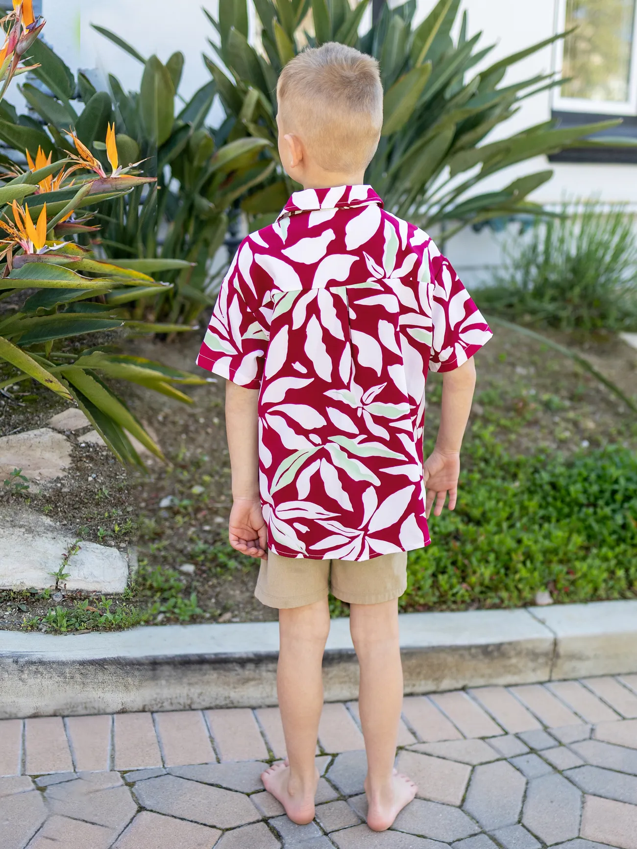 Boy - Family Matching Leaf Print Red Shirt or Halter Backless Dress - Multi-color - image 18