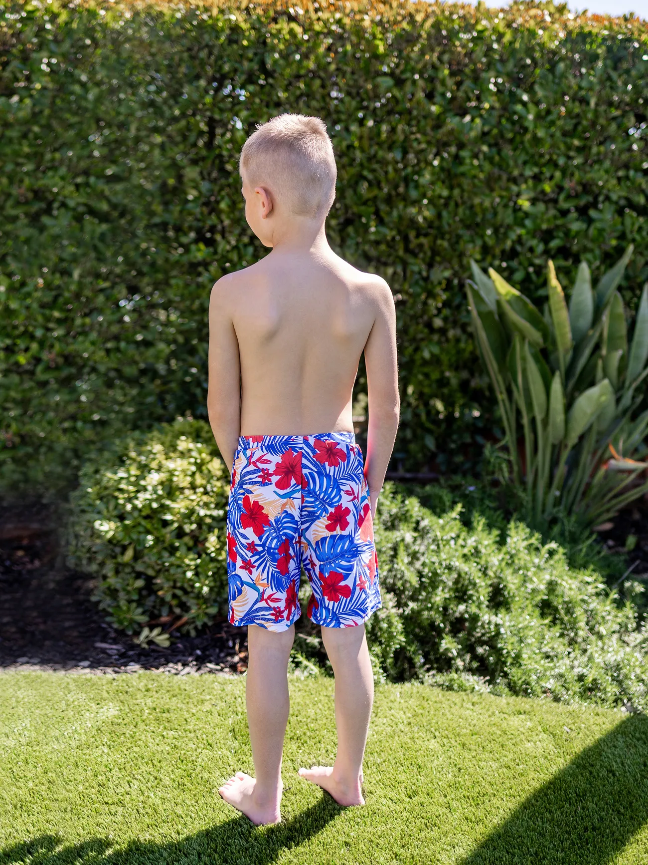 Boy - Family Matching Allover Plant Print Swim Trunks or Scallop Trim One-piece Halter Backless Swimsuit - Color block - image 13