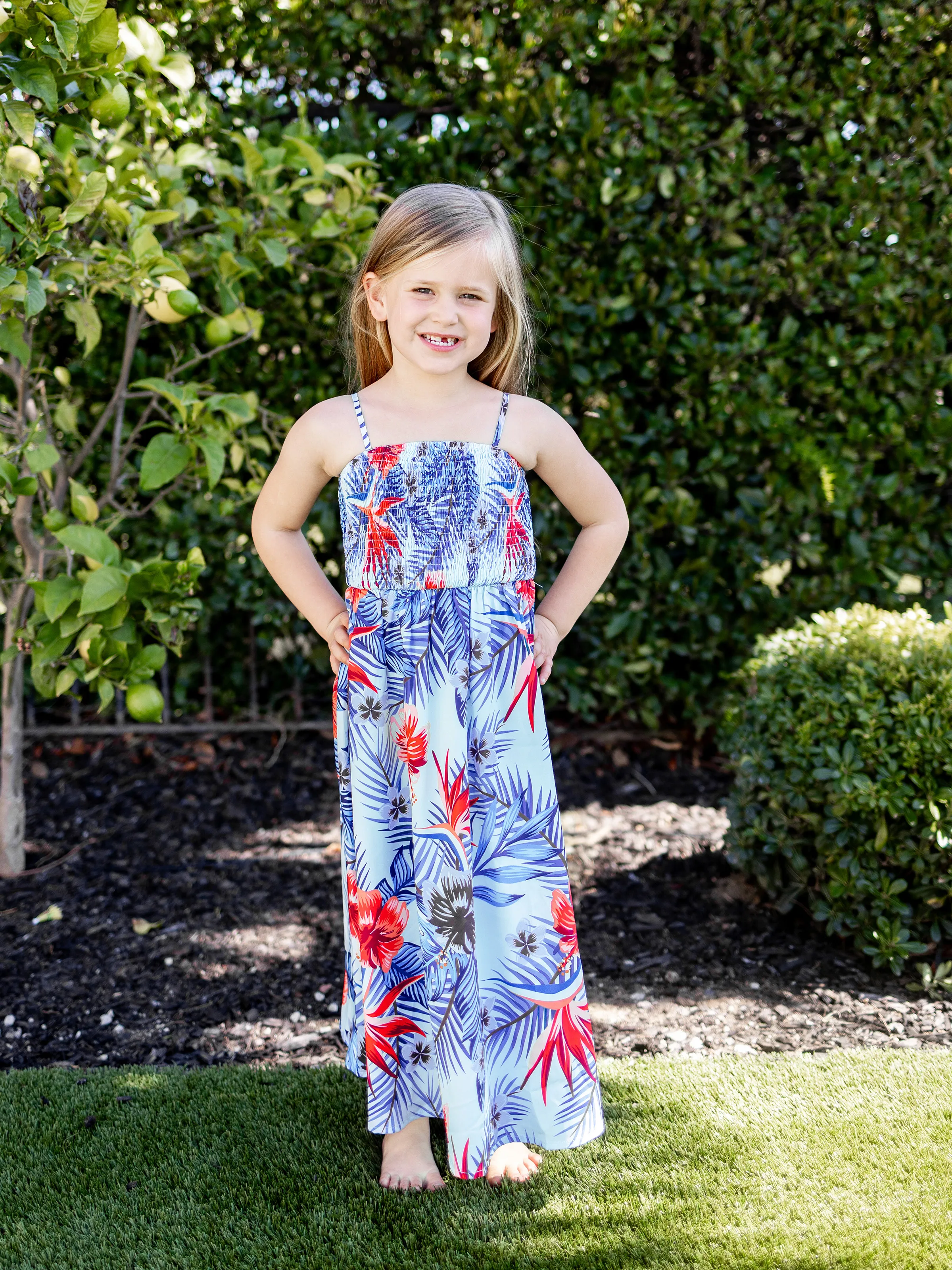 

Family Matching Floral Print Short-sleeve Shirt or smocking Strap Dress