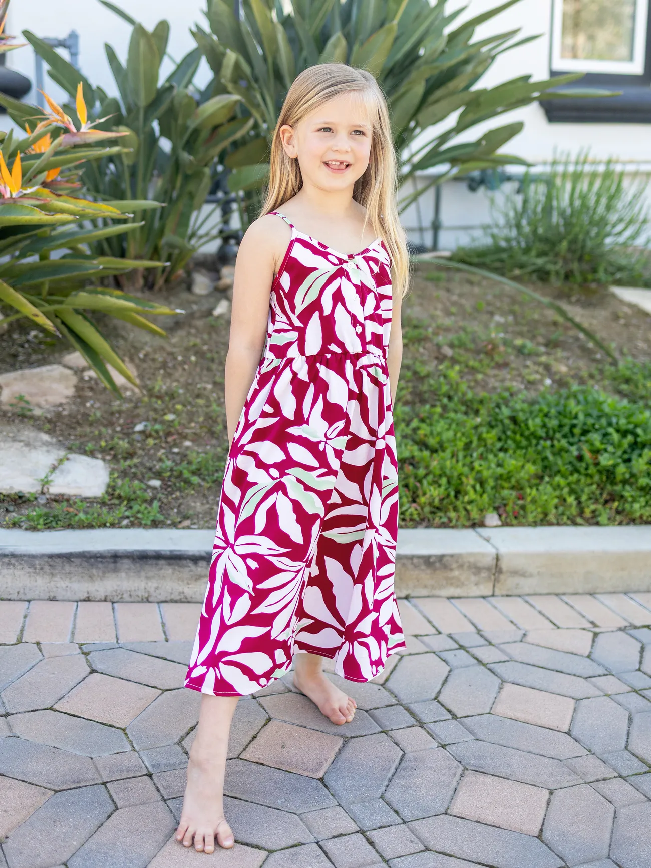 Girl - Family Matching Leaf Print Red Shirt or Halter Backless Dress - Multi-color - image 7