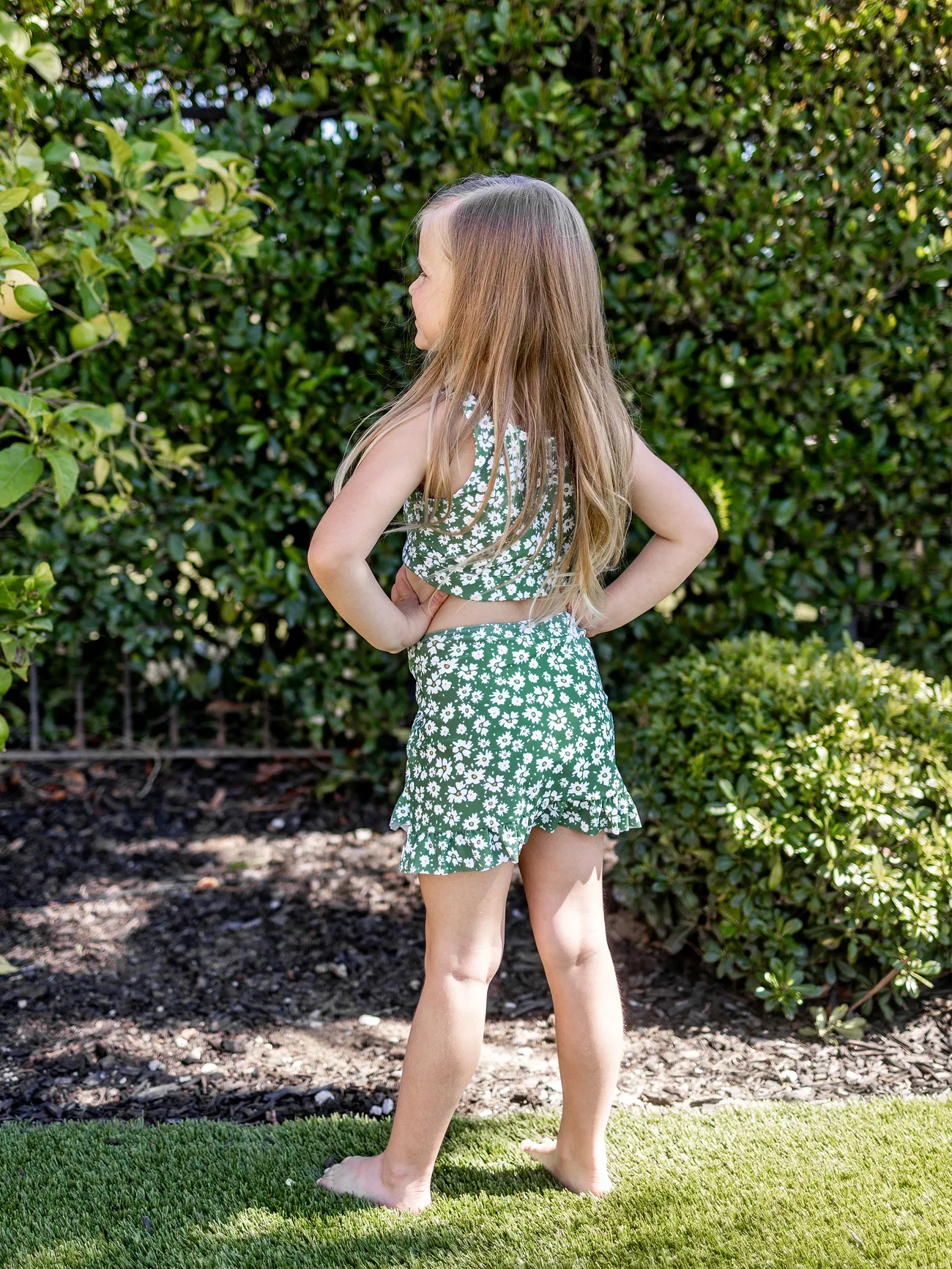Girl - Green Matching Family Swimsuits Two-piece or 3-piece Ruffle Swimsuit with Coverup Skirt - Green - image 8