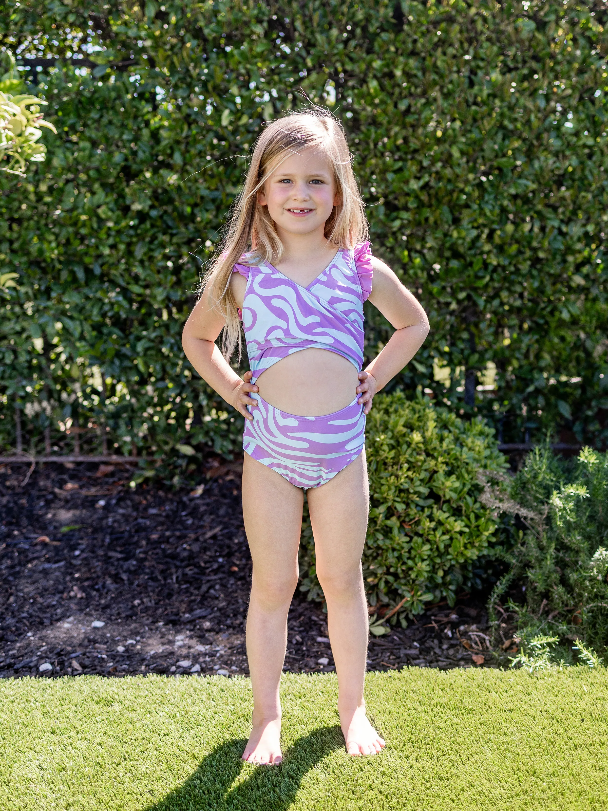 

Family Matching Trendy Purple & Blue Wave Print Swim Trunks or Midriff Cutout One-Piece Swimsuit