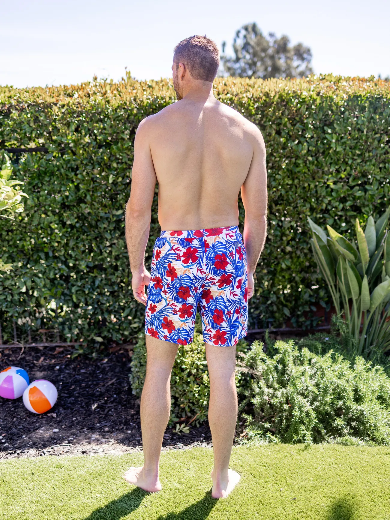 Men - Family Matching Allover Plant Print Swim Trunks or Scallop Trim One-piece Halter Backless Swimsuit - Color block - image 18