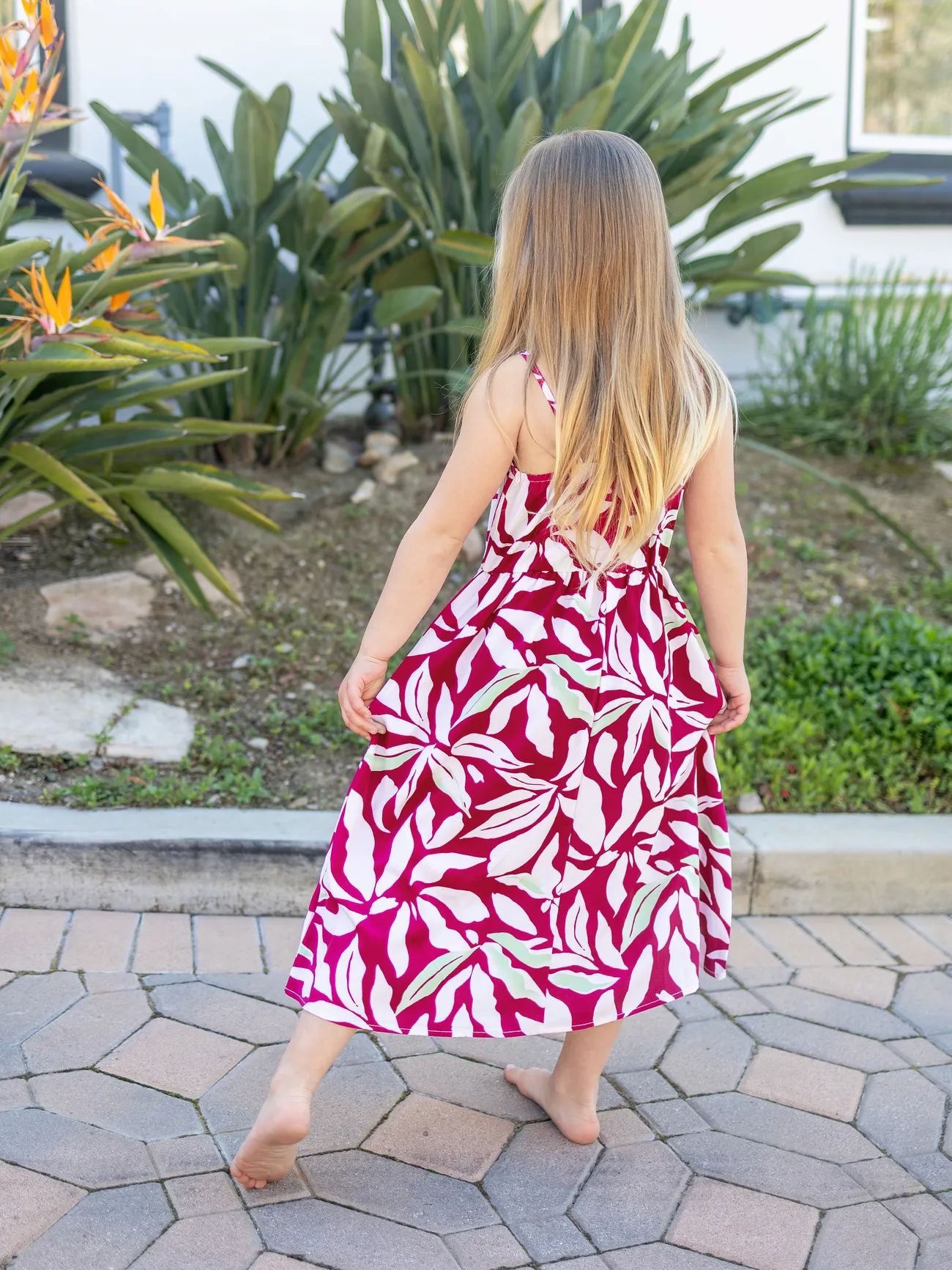 Girl - Family Matching Leaf Print Red Shirt or Halter Backless Dress - Multi-color - image 8