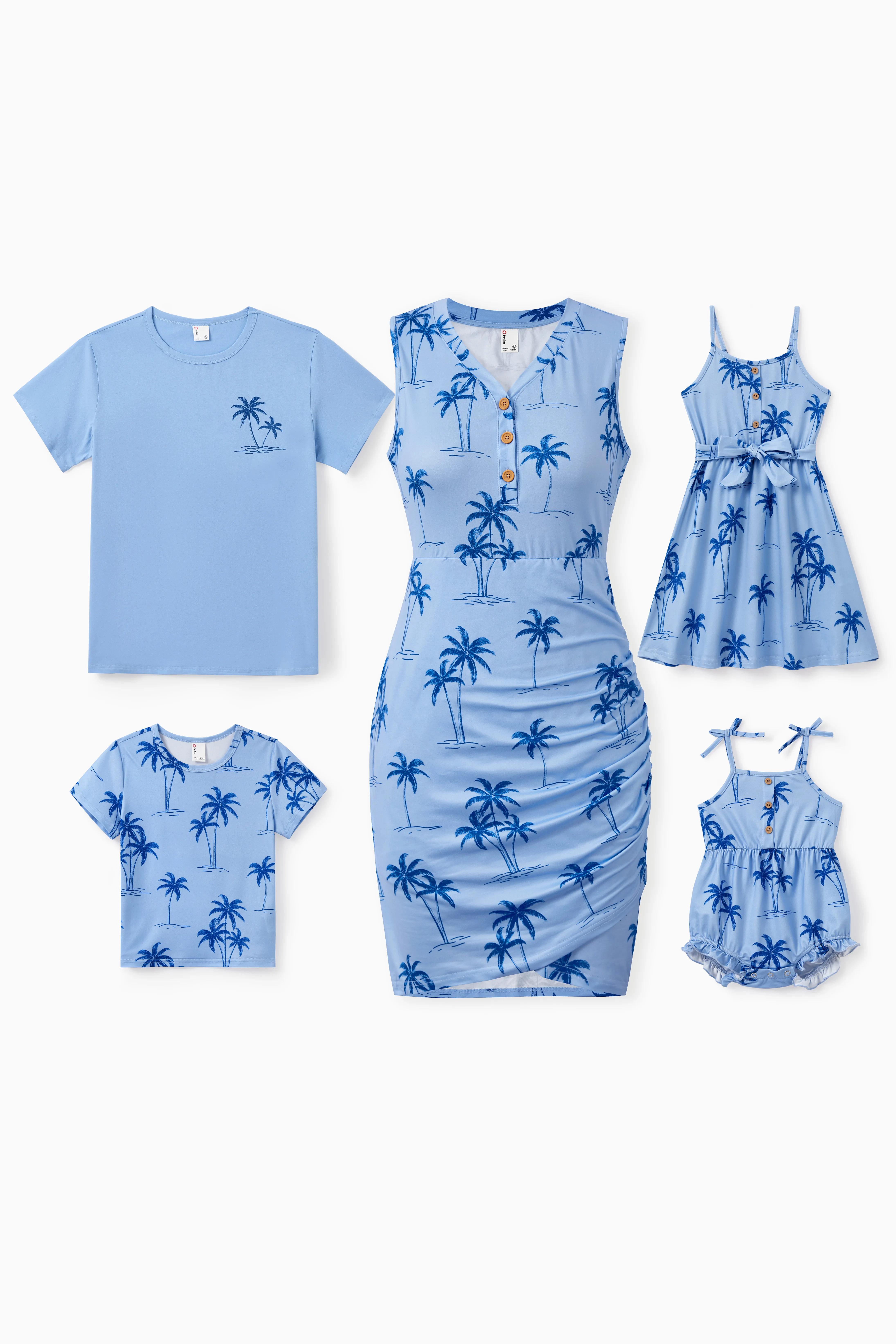 Family Matching Outfits Palm Tree Print Blue Summer Beach Vacation Clothes Tropical Holiday Cotton T-Shirts & Dress Set