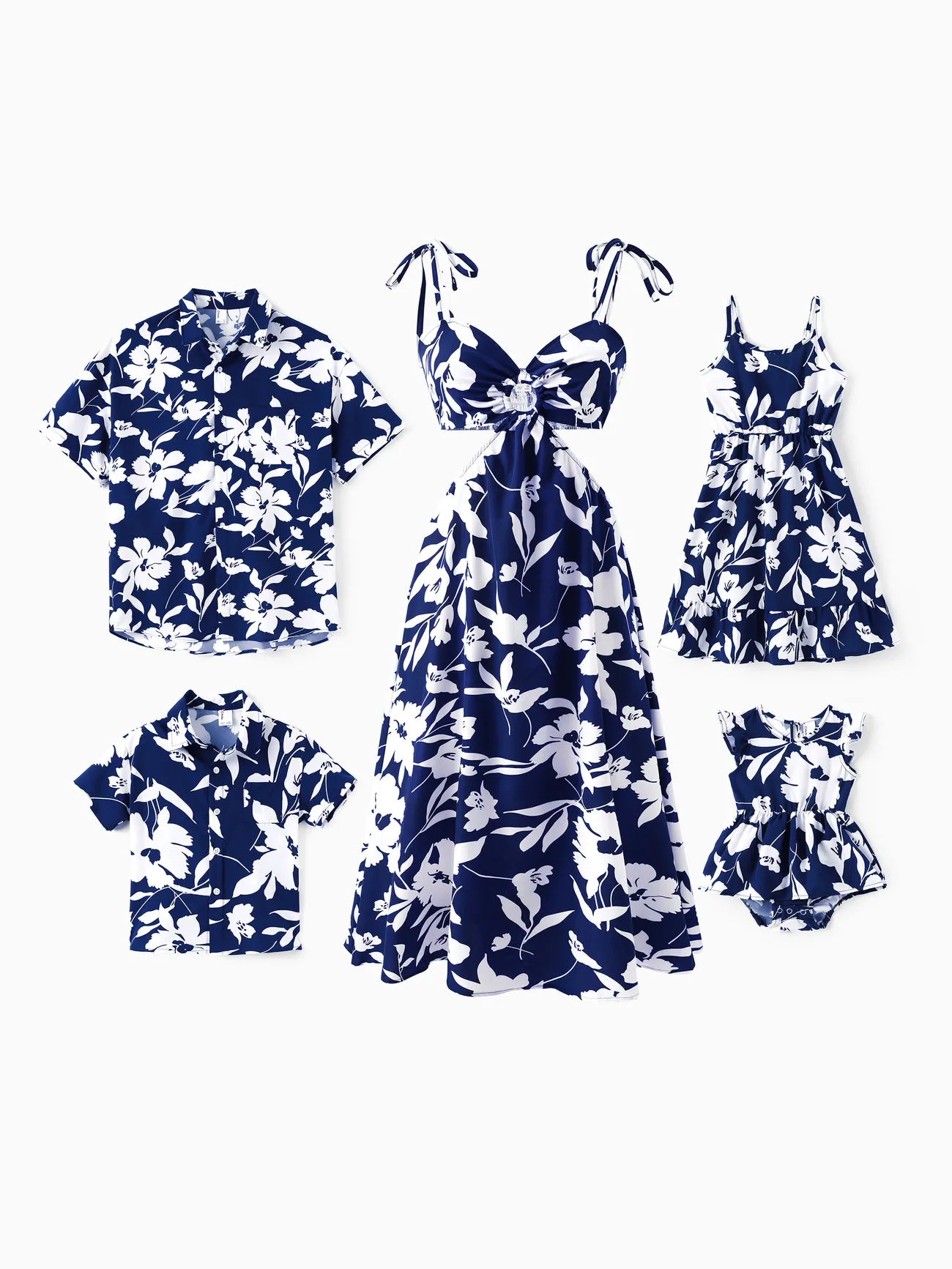 Family Matching Leaf Print Blue Short-sleeve Shirt or Sling Shirred Dress Set - Blue - image 1