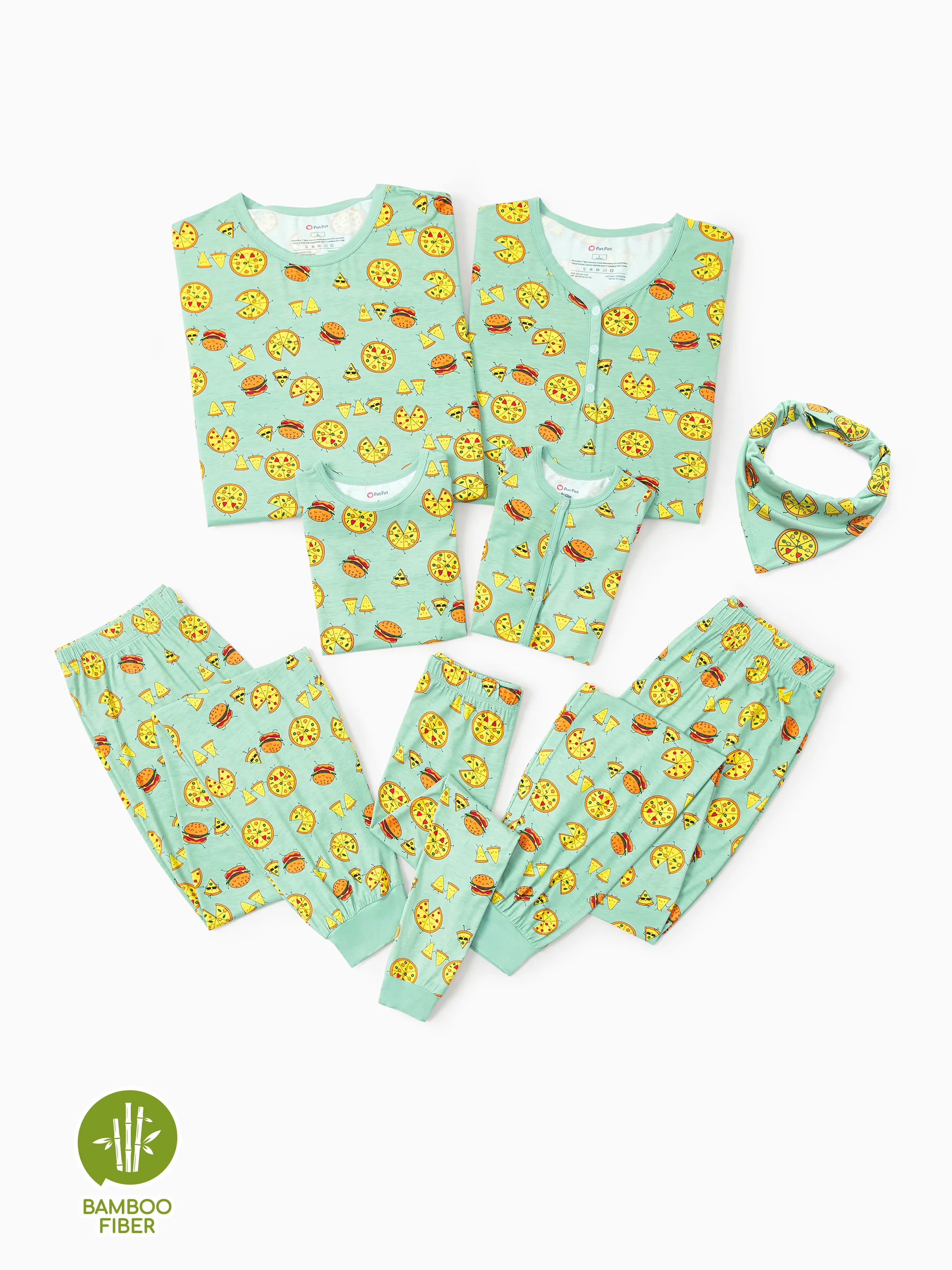 Bamboo Family Mint Green PJs Cute Cartoon Food Theme Print Short Sleeve & Long Pants Sleepwear Matching Pajama set (Snug-Fitting for Children)