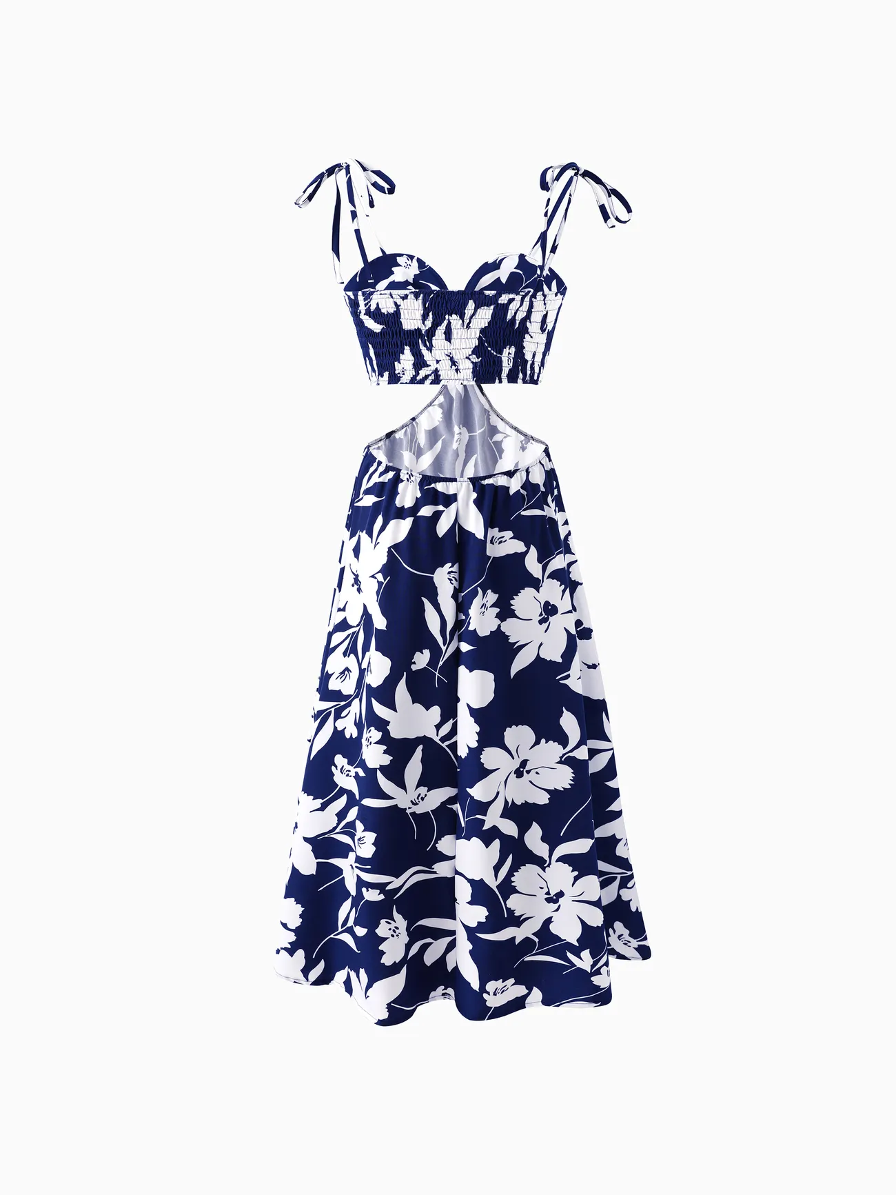 Women - Family Matching Leaf Print Blue Short-sleeve Shirt or Sling Shirred Dress Set - Blue - image 3