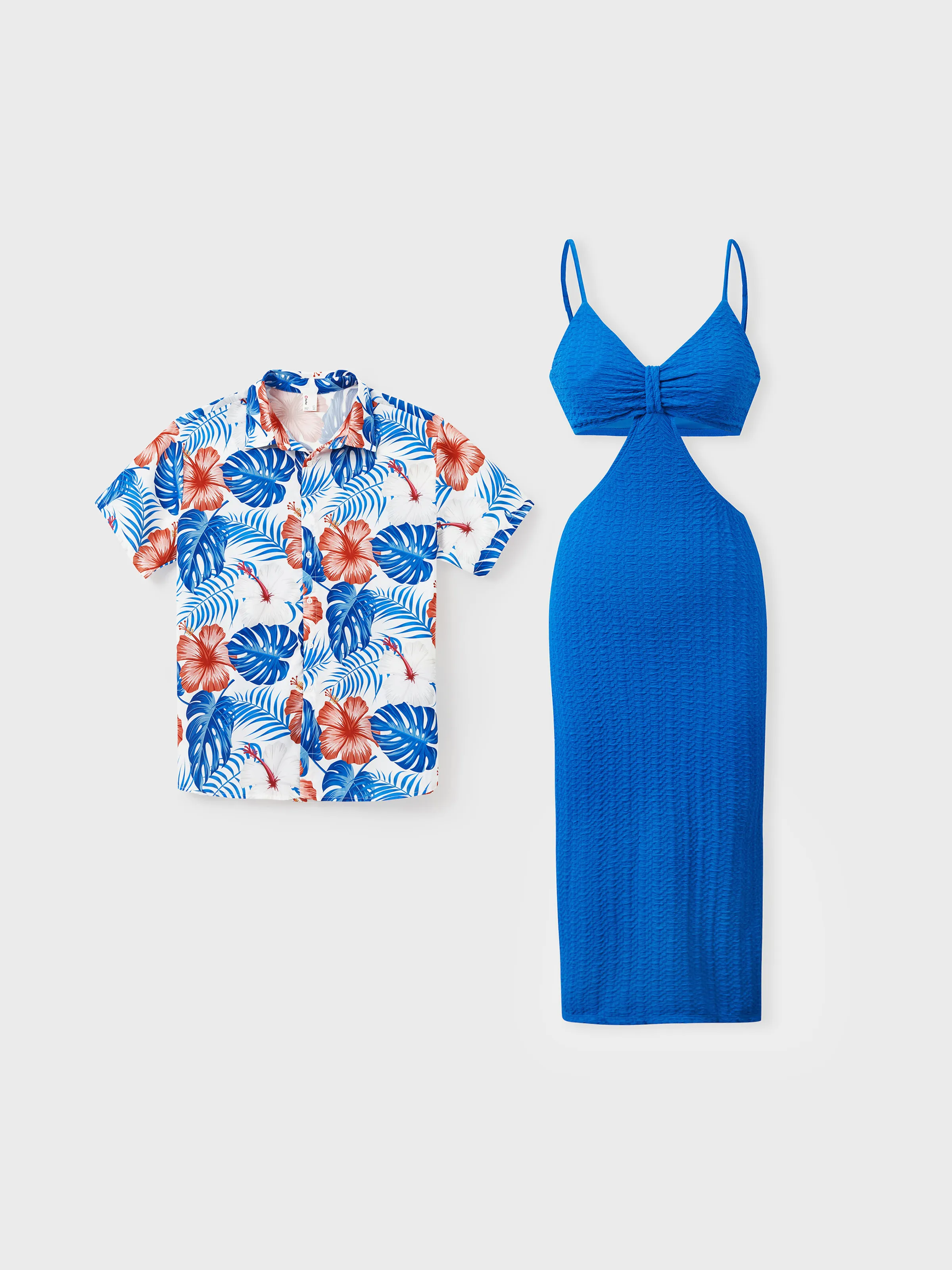 Tropical Matching Set for Couples Hawaiian Floral Shirt & Bodycon Cutout Strap Dress