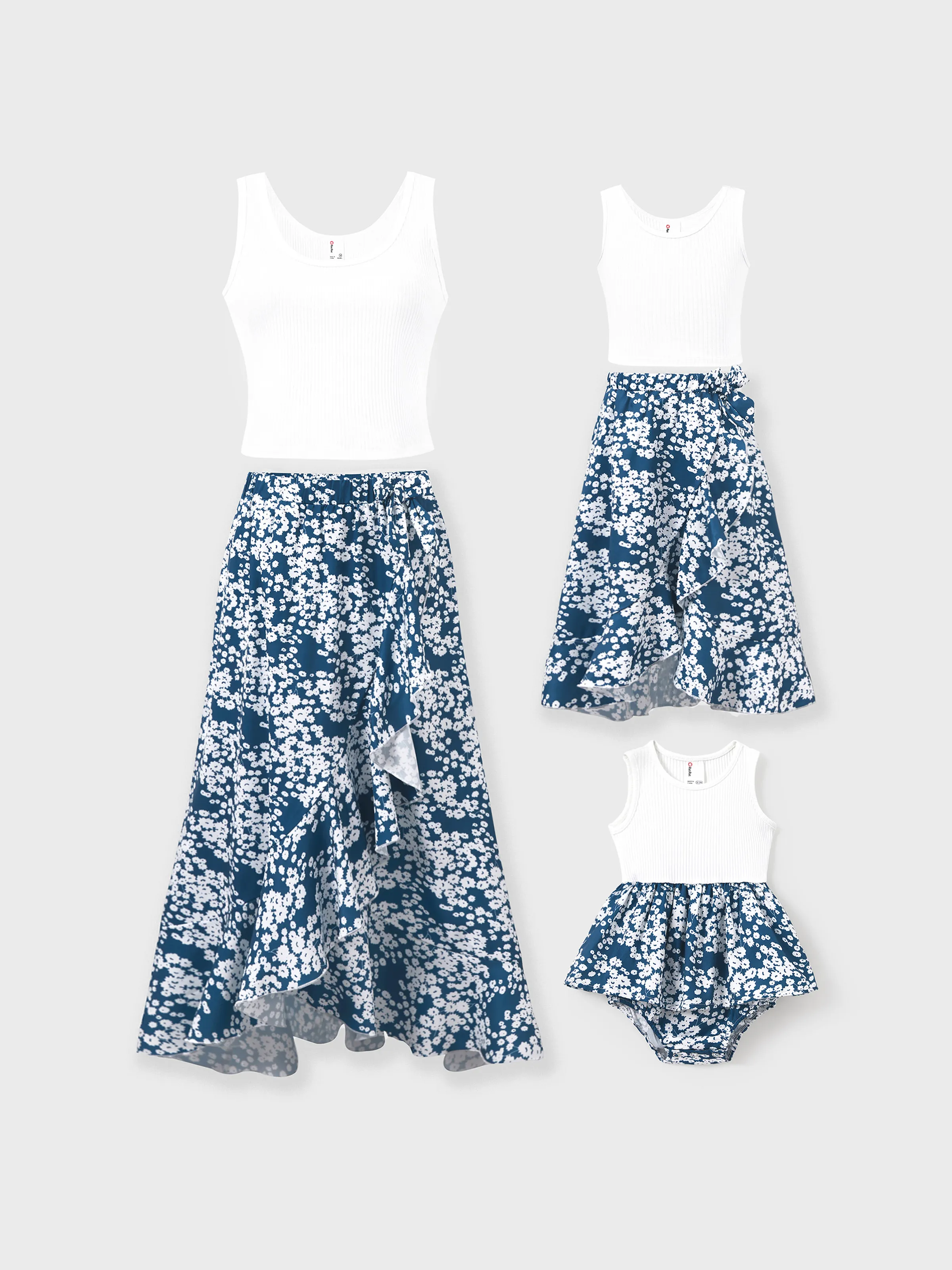 Family Matching Outfits Cotton White Ribbed Tank Top and Floral Print Ruffle Hem Skirt Co-ord Set for Mommy and Me