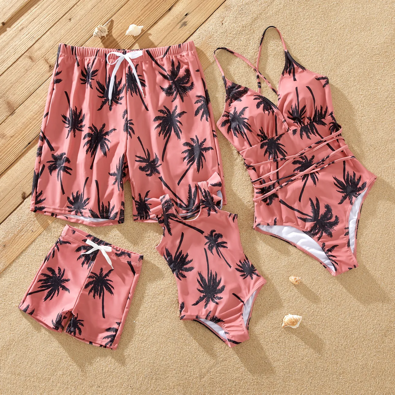 Family Matching All Over Coconut Tree Print Pink Swim Trunks Shorts and Spaghetti Strap One-Piece Swimsuit