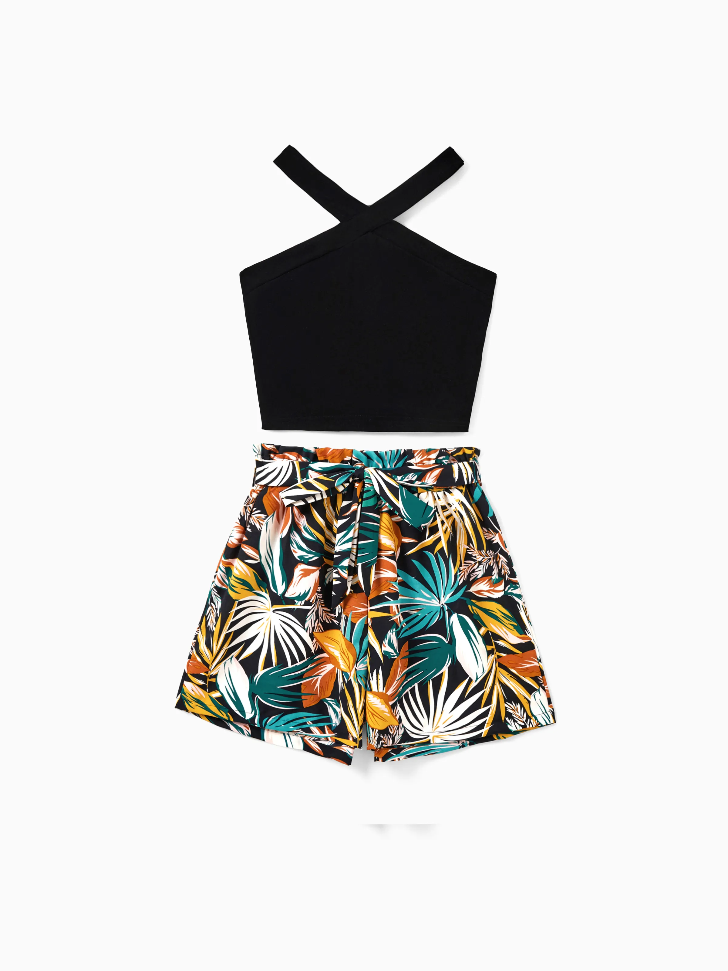 

Matching Family Outfits for Mommy and Me Tropical Leaf Print Shorts Set with Criss-Cross Halter Top